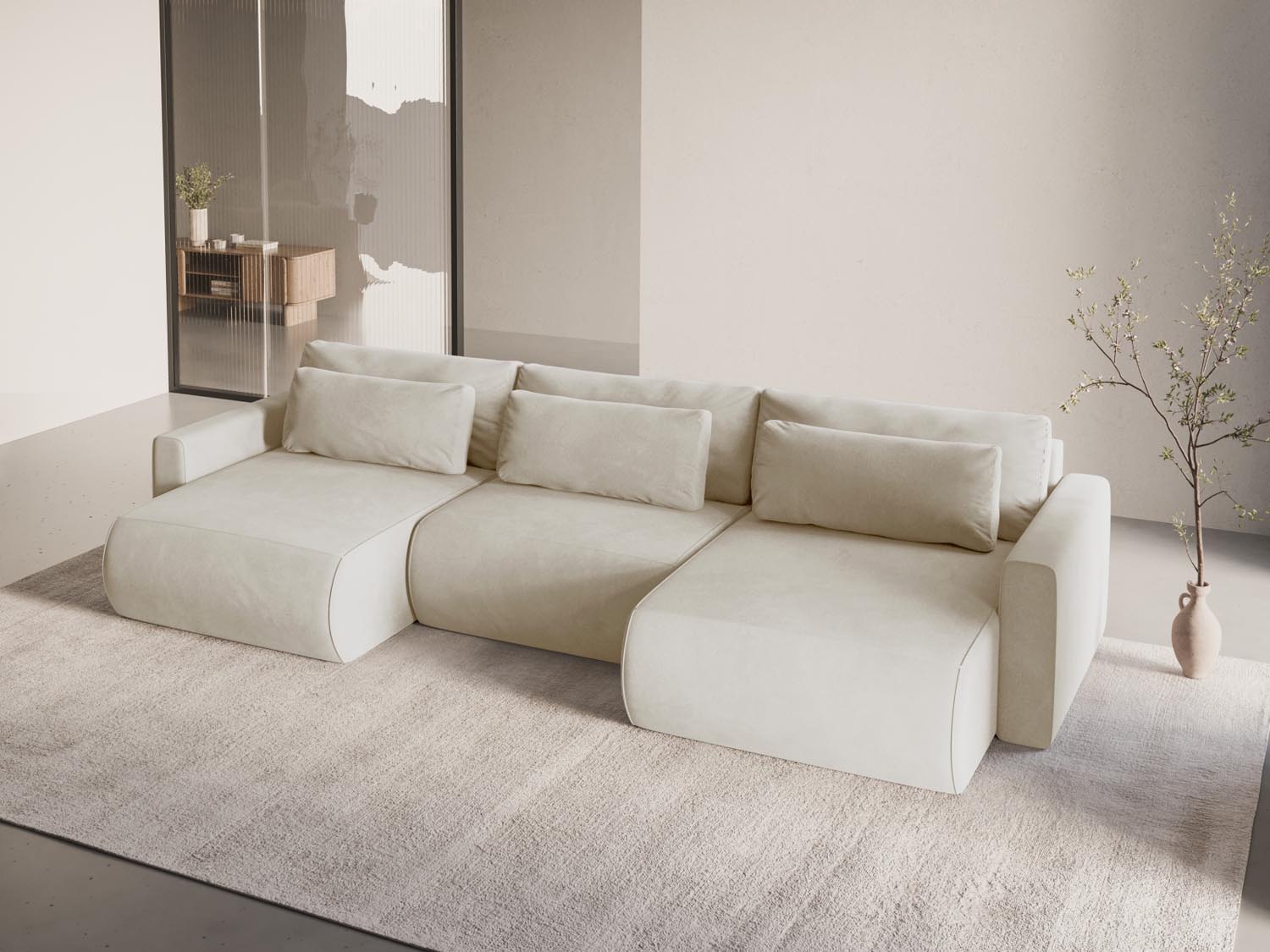 Entdecken Sie das stilvolle Belfast Velour Panoramic Sofa von Cosmopolitan Design – ein 4-Sitzer mit Schlafoption und praktischem Stauraum für Ihr modernes Zuhause.
