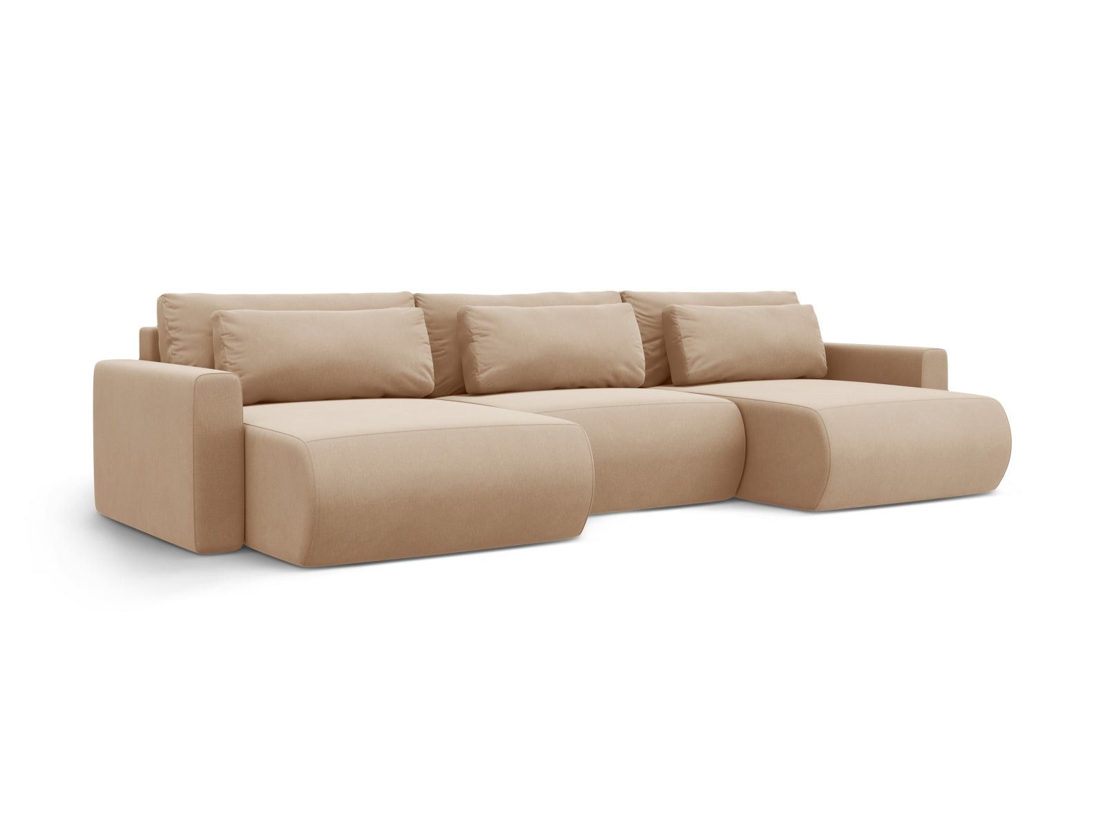 Modernes Belfast Velour Panoramic Sofa in sanftem Beige, bietet praktischen Stauraum und eine komfortable Schlaffunktion für Gäste.