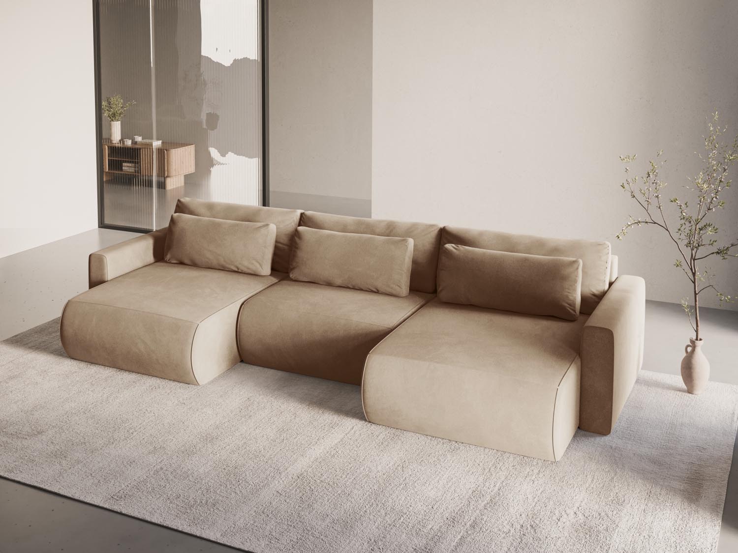 Elegantes Belfast Velour Panoramic Sofa in Almond Beige mit Stauraum und Schlaffunktion, ideal für stilvolle Wohnräume.