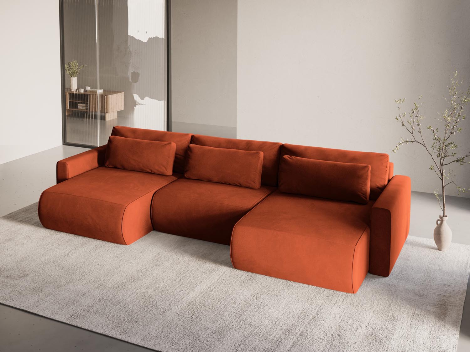 Entdecken Sie das stilvolle Belfast Velour Panoramic Sofa von Cosmopolitan Design – ein 4-Sitzer mit Schlafoption und praktischem Stauraum für Ihr Zuhause.
