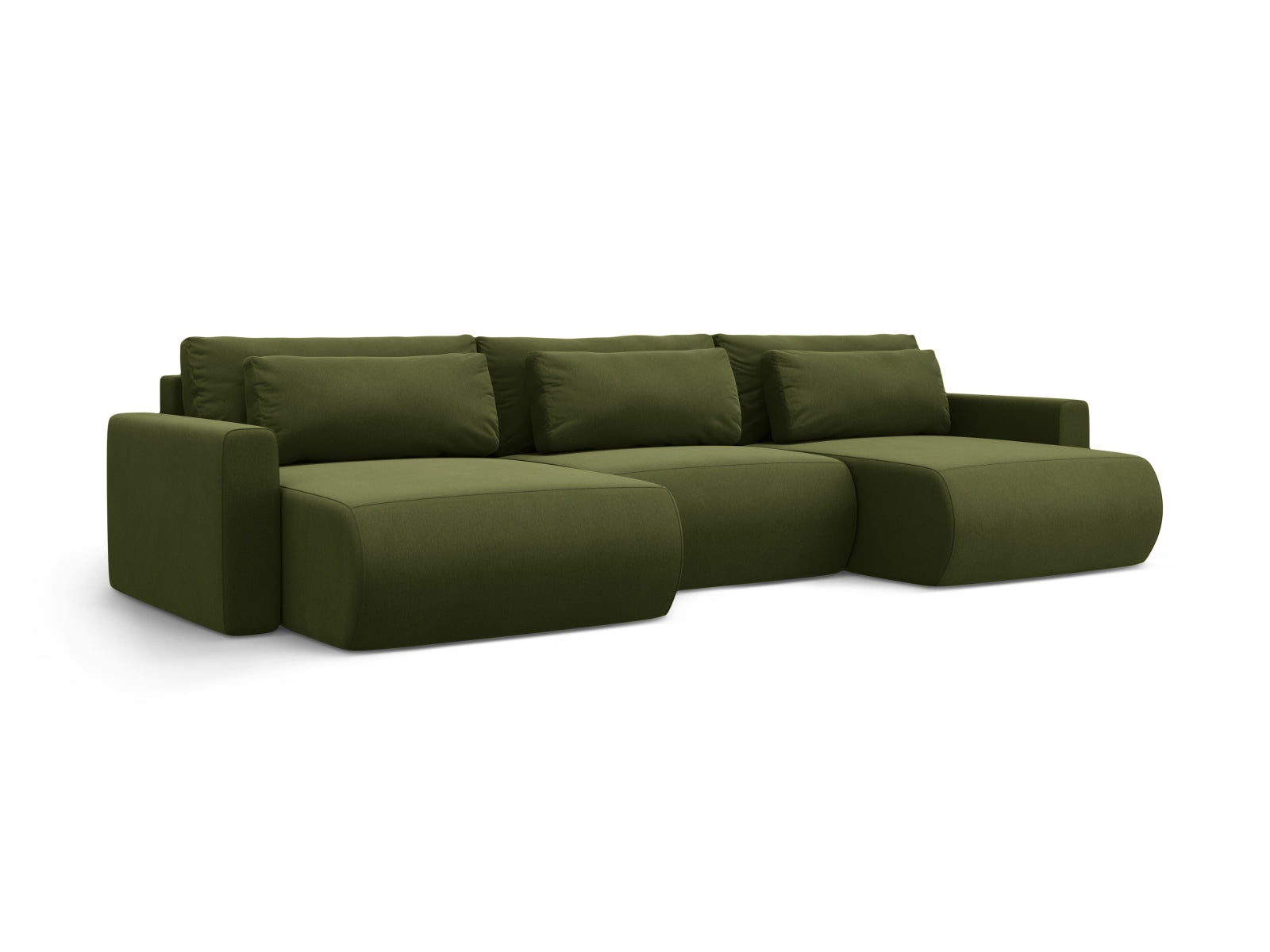 Modernes Belfast Velour Panoramic Sofa in Army Green, 4-Sitzer mit praktischem Stauraum und ausziehbarer Schlaffunktion für Gäste.