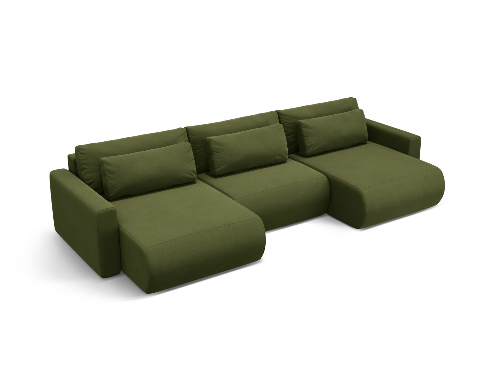 Elegantes Belfast Velour Panoramic Sofa in Army Green, 4-Sitzer mit cleverem Stauraum und komfortabler Schlaffunktion für Übernachtungsgäste.