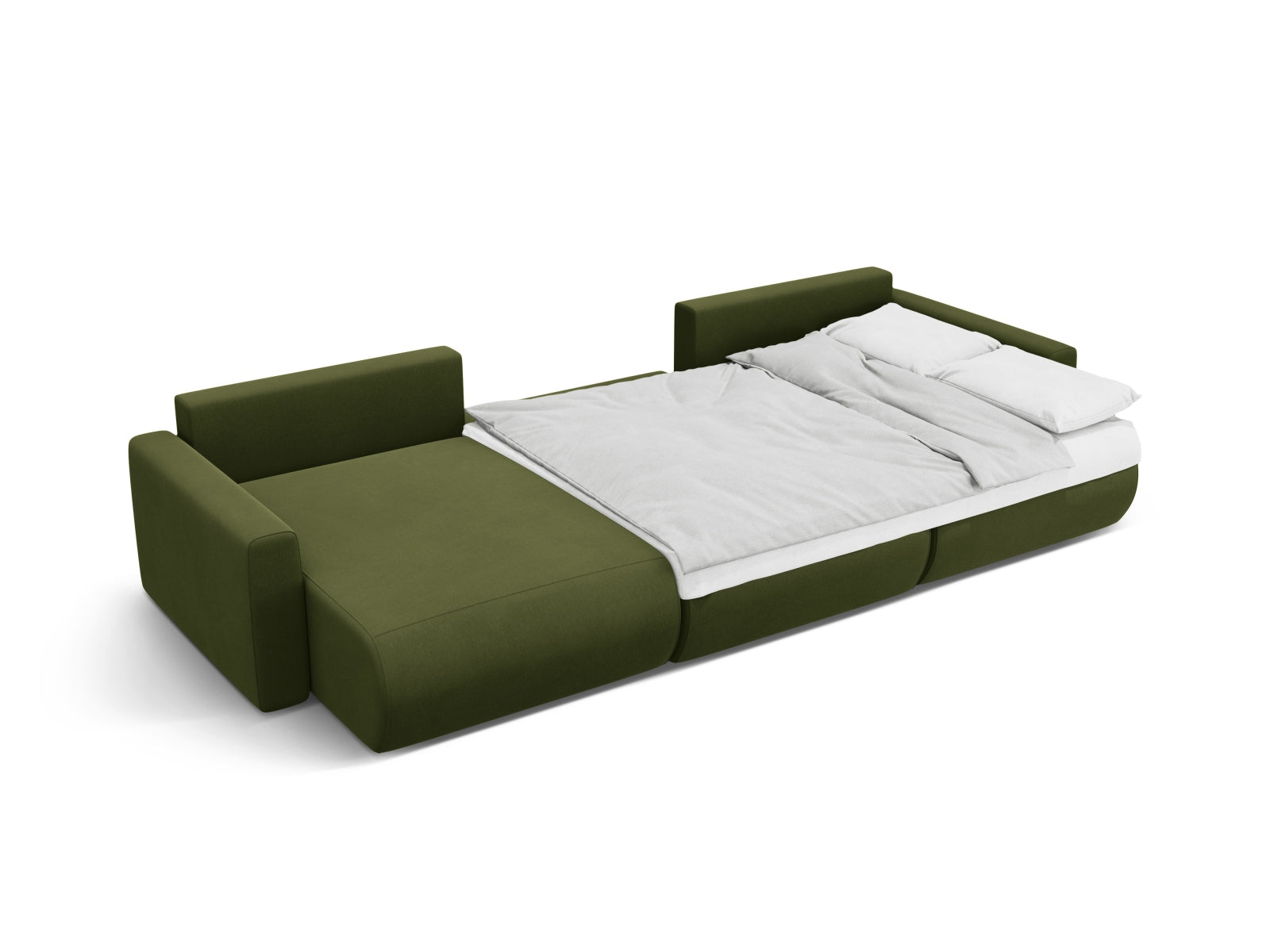 Elegantes Belfast Velour Panoramic Sofa in Army Green, 4-Sitzer mit cleverem Stauraum und flexibler Schlaffunktion für zusätzlichen Komfort.