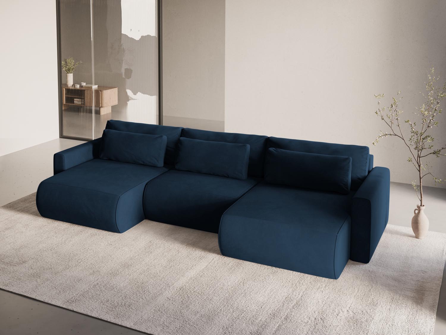 Entdecken Sie das stilvolle Belfast Velour Panoramic Sofa von Cosmopolitan Design – ein 4-Sitzer mit Schlafoption und praktischem Stauraum für Ihr Zuhause.