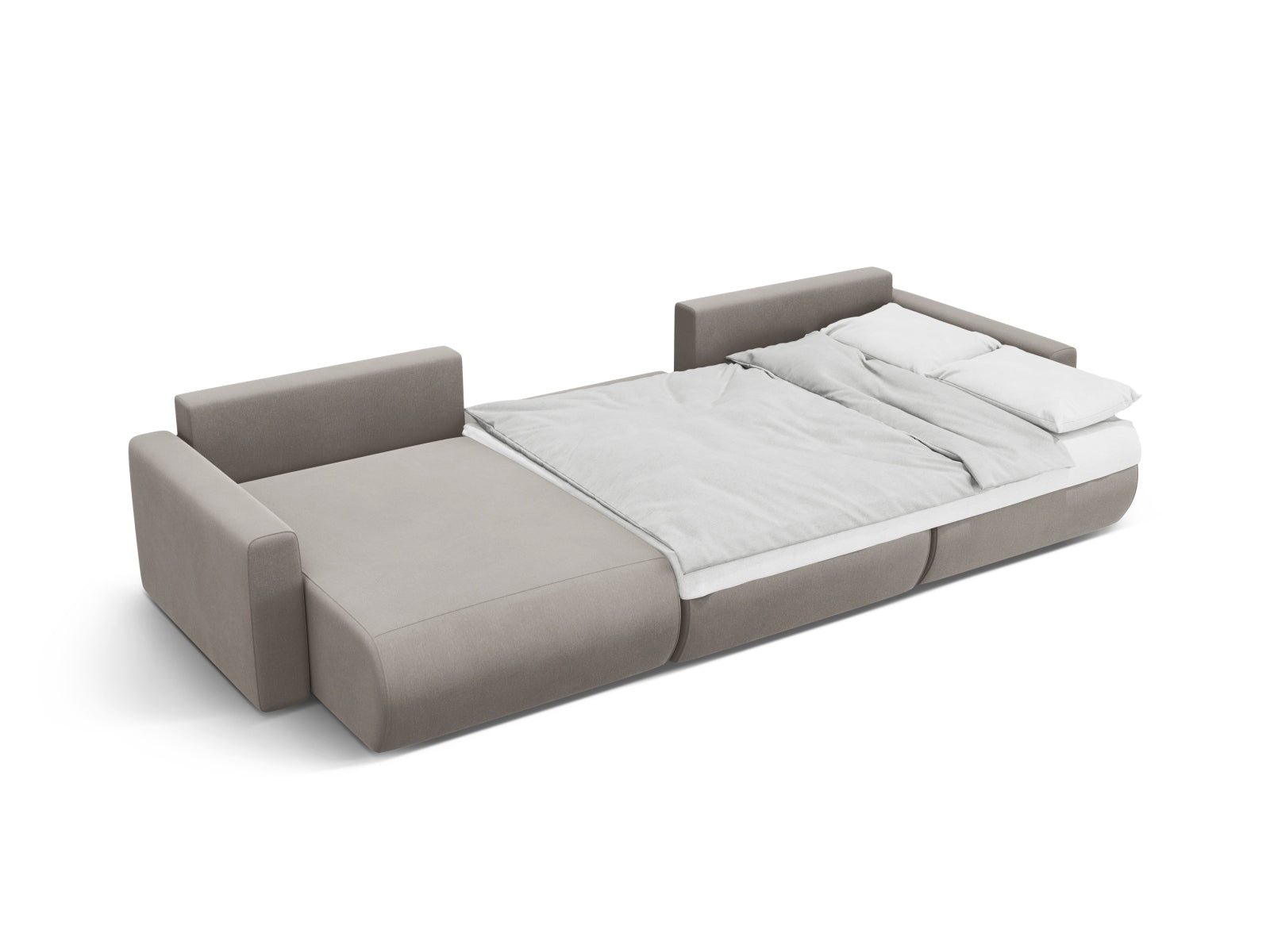 Elegantes Belfast Velour Panoramic Sofa in Warm Grey, 4-Sitzer mit integriertem Stauraum und umwandelbarer Schlaffunktion für vielseitige Nutzung.