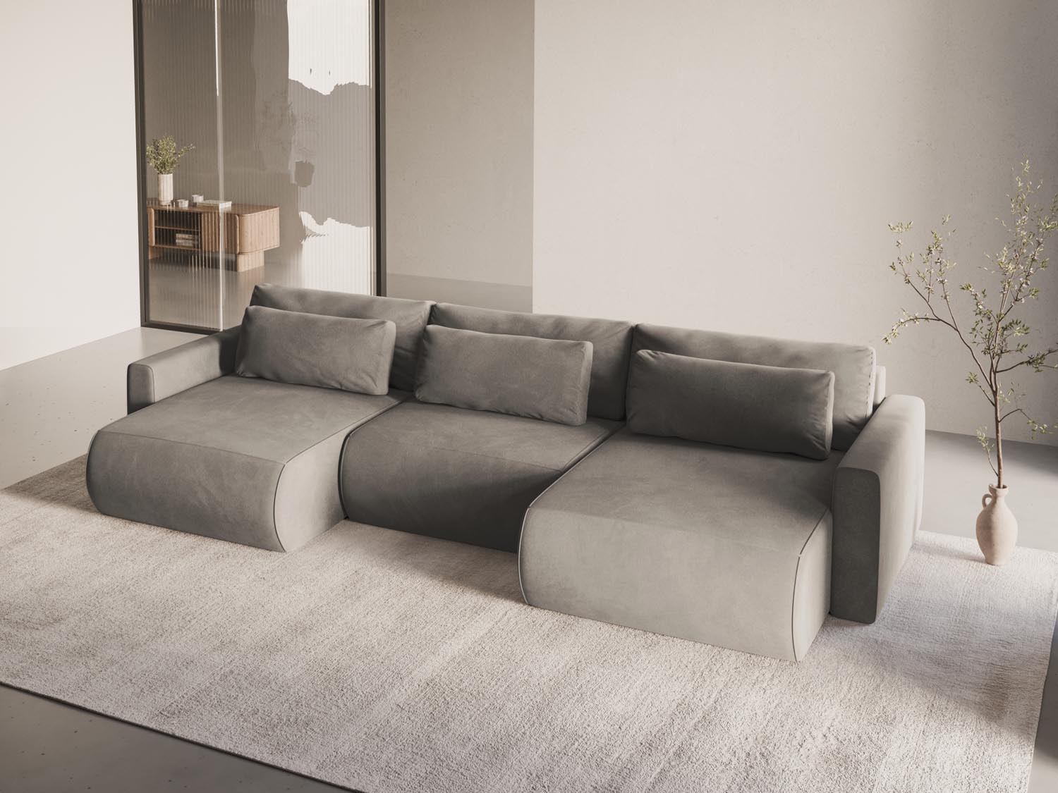 Elegantes Belfast Velour Panoramic Sofa in Warm Grey, 4-Sitzer mit Stauraum und Schlaffunktion, ideal für modernes Wohnen.