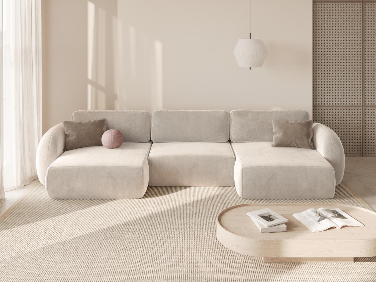 Elegantes Tonale Velour Panoramic Ecksofa in Ivory-Magic Velvet, ideal für stilvolle Wohnräume, mit Schlaffunktion und praktischem Stauraum.