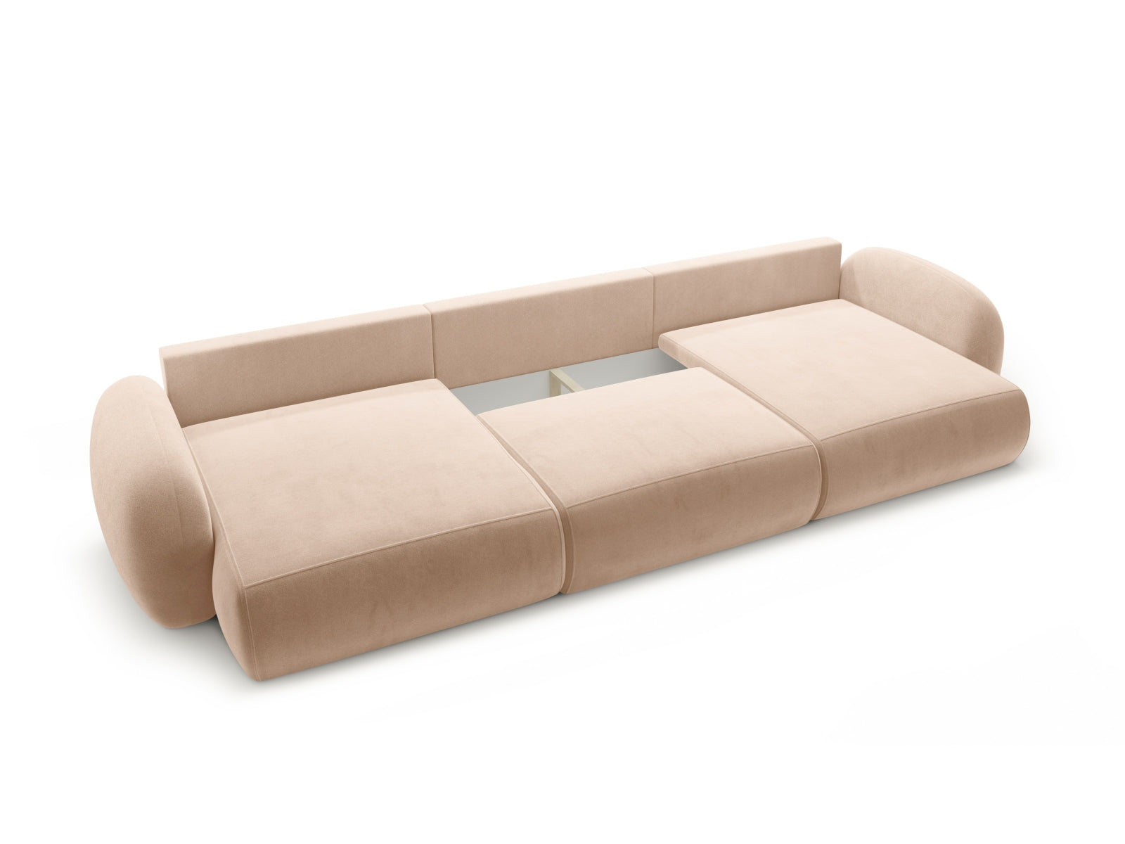 Elegantes Ecksofa in Velours, 5-Sitzer, rechtsseitig, bietet Schlafgelegenheit und praktischen Stauraum für vielseitige Nutzung.
