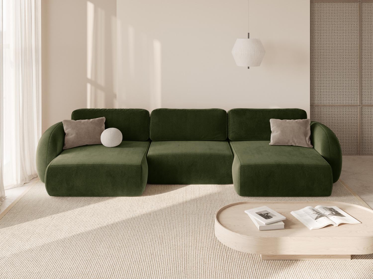 Elegantes Tonale Velour Panoramic Ecksofa in Army Green, ideal für stilvolle Wohnräume, mit Schlaffunktion und praktischem Stauraum.