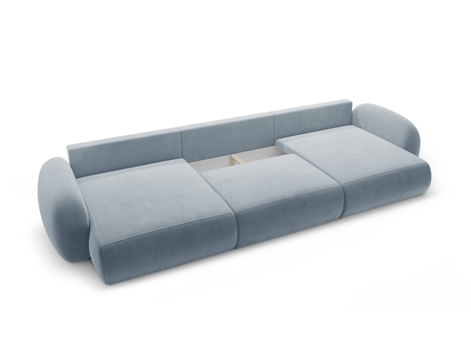 Elegantes, modernes Ecksofa in Blau-Grau aus Velours, 5-Sitzer mit Schlaffunktion und integriertem Stauraum für zusätzlichen Komfort.