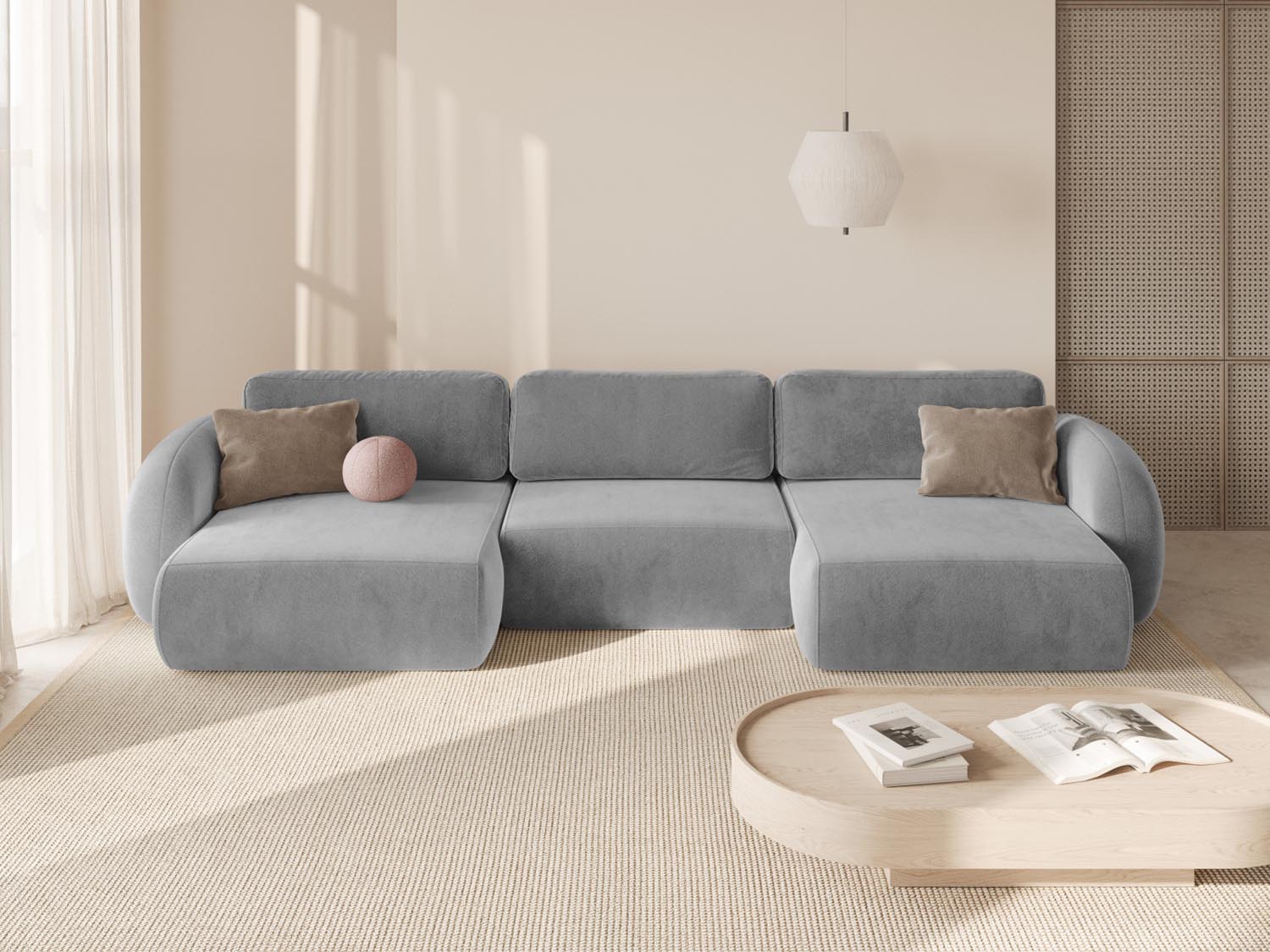 Elegantes Tonale Velour Panoramic Ecksofa in Grey-Magic Velvet, ideal für stilvolle Wohnräume, mit Schlaffunktion und praktischem Stauraum.