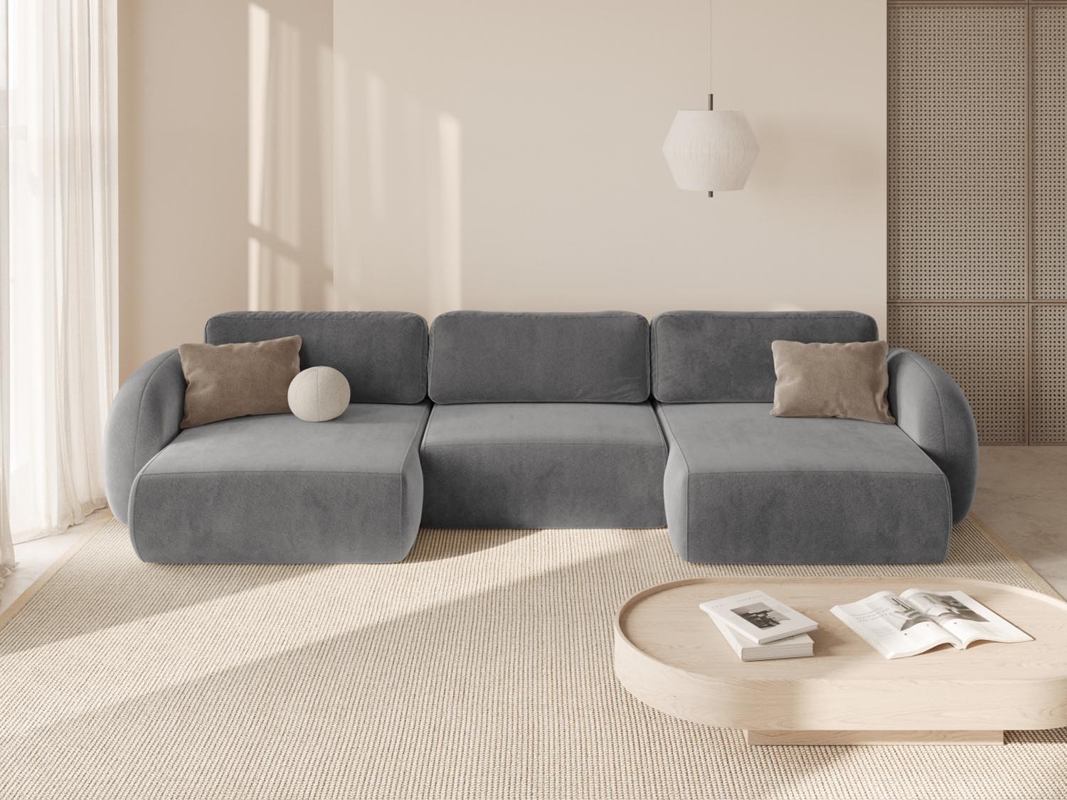 Elegantes Tonale Velour Panoramic Ecksofa in Dunkelgrau, ideal für stilvolle Wohnräume, mit Schlaffunktion und praktischem Stauraum.