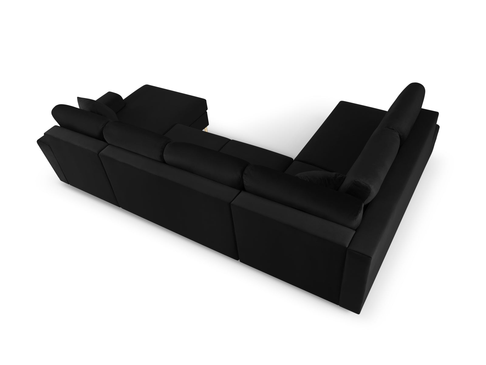 Stylisches Kyoto Velour Panoramic Ecksofa links in edlem Schwarz, 7-Sitzer mit cleverem Stauraum und bequemer Schlafoption für Gäste.