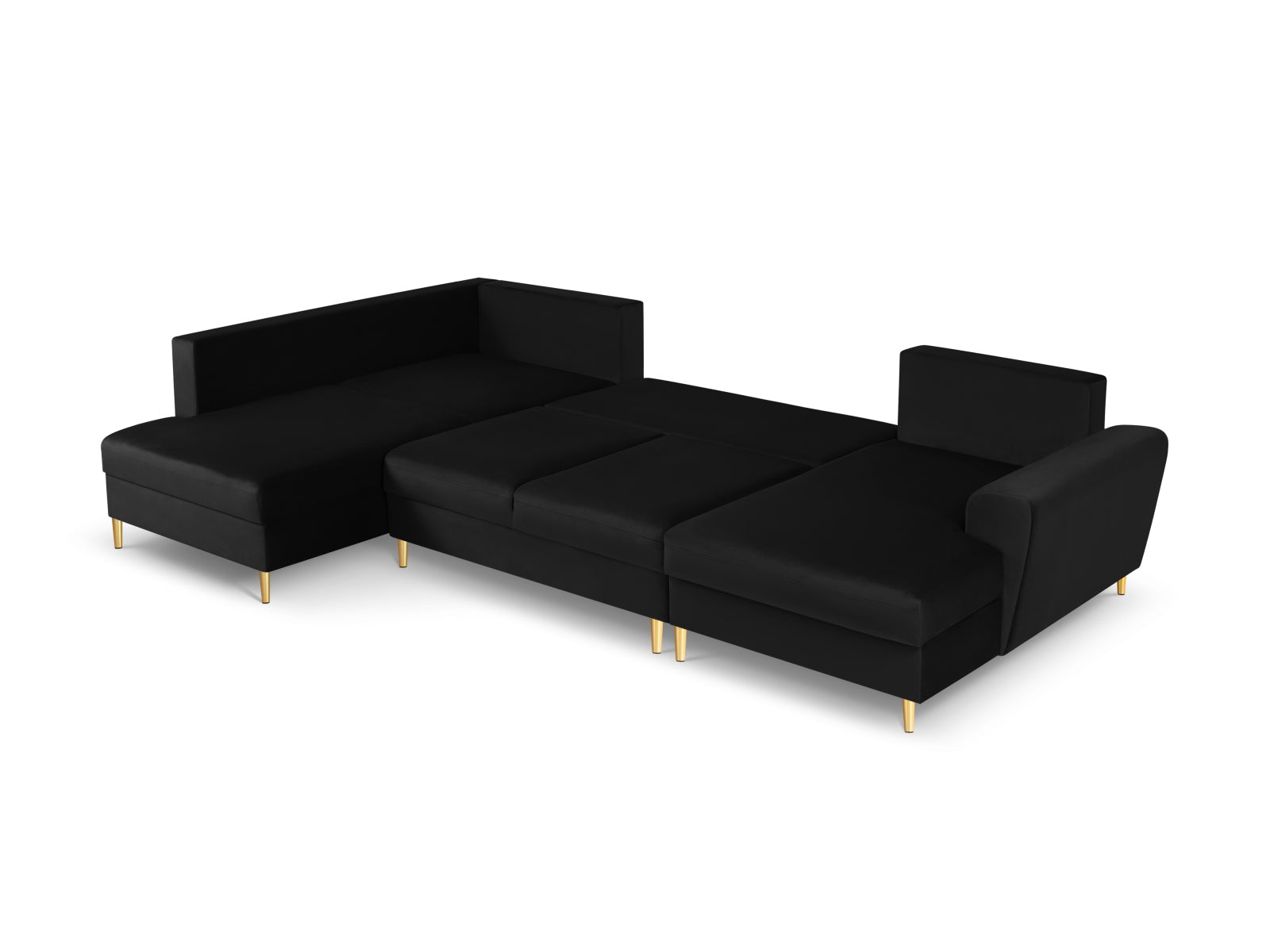 Elegantes Kyoto Velour Panoramic Ecksofa links in Schwarz, 7-Sitzer mit praktischem Stauraum und komfortabler Schlaffunktion für Übernachtungsgäste.