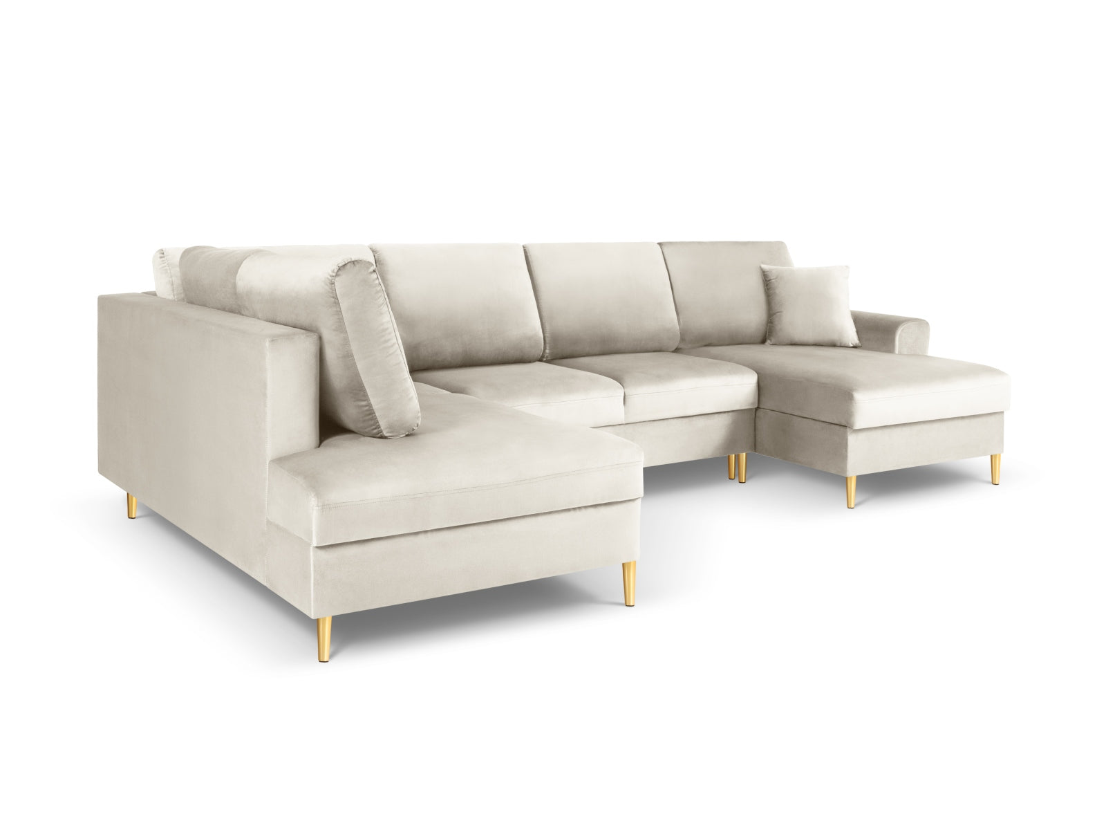 Elegantes Kyoto Velour Panoramic Ecksofa links in hellem Beige, 7 Sitzer mit praktischem Stauraum und Schlaffunktion für gemütliche Abende.