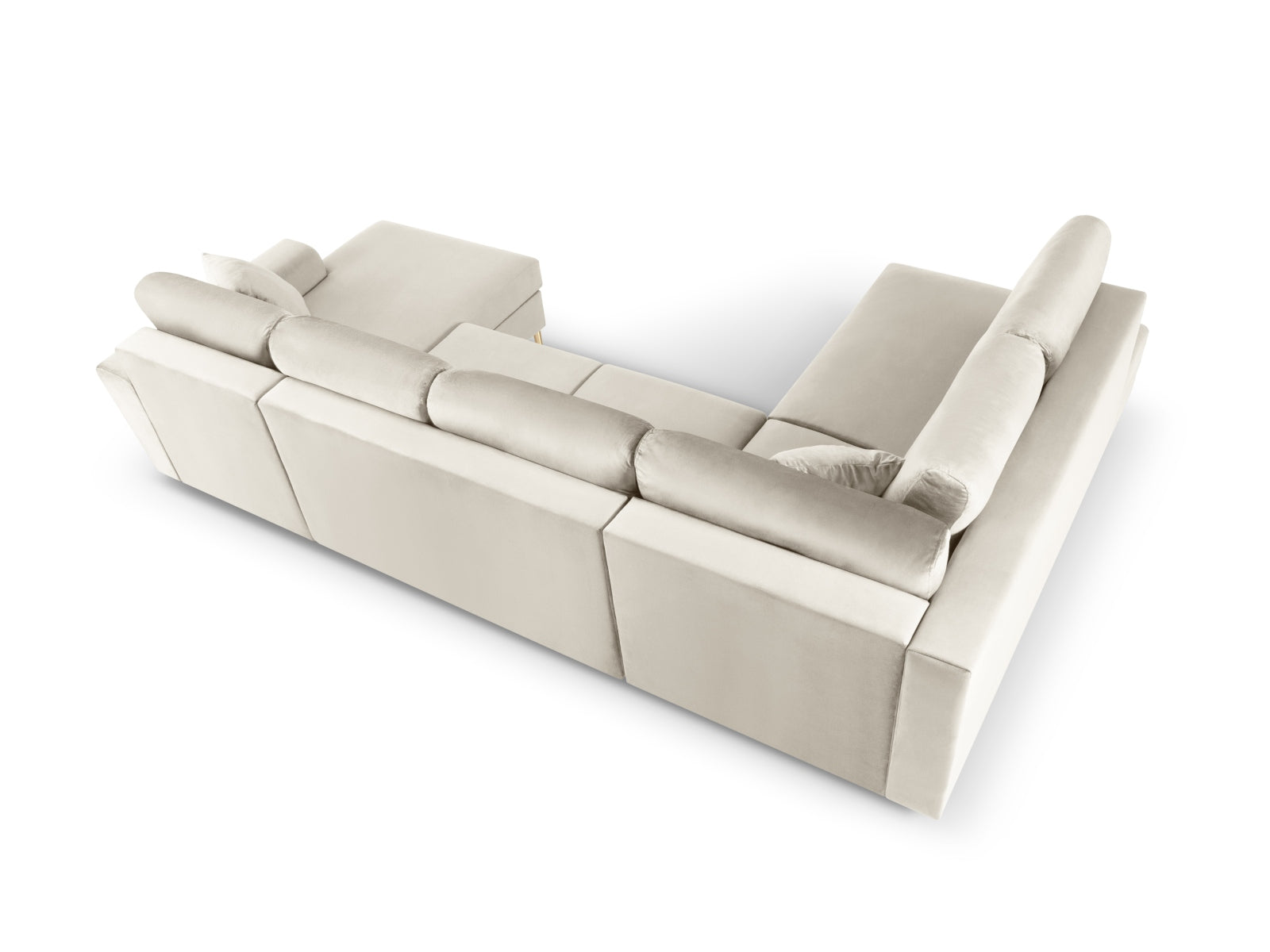 Stilvolles Kyoto Velour Panoramic Ecksofa links in sanftem Beige, 7 Sitzer mit cleverem Stauraum und komfortabler Schlaffunktion für entspannte Nächte.