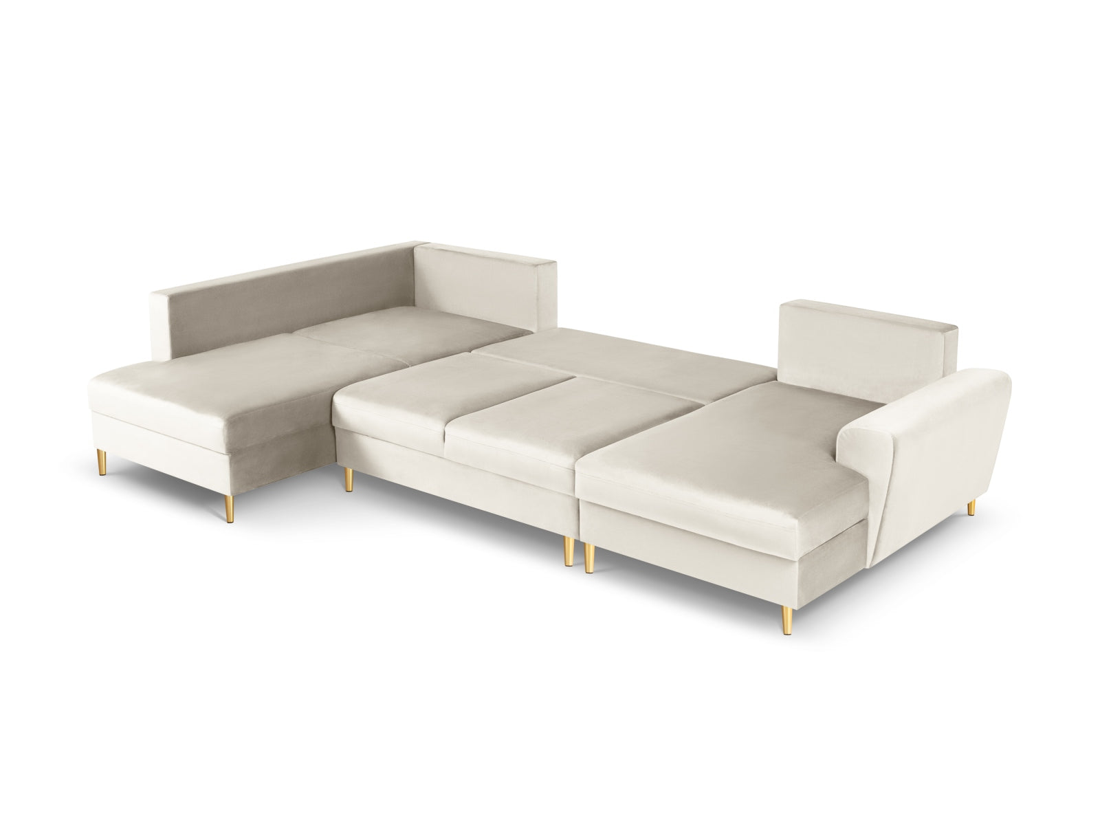 Elegantes Kyoto Velour Panoramic Ecksofa links in hellem Beige, 7 Sitzer mit praktischem Stauraum und gemütlicher Schlaffunktion für vielseitige Nutzung.