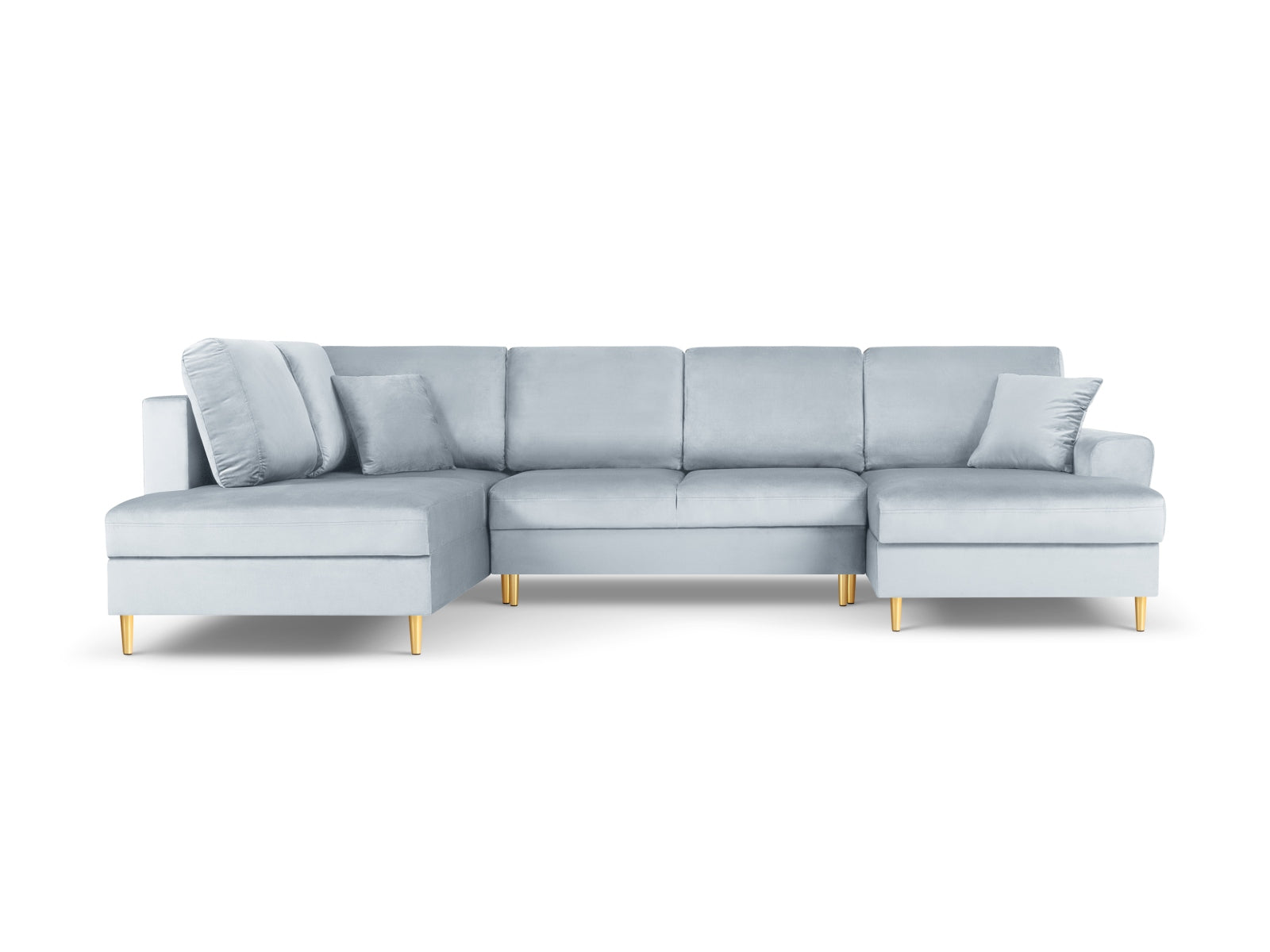 Stylisches Kyoto Velour Panoramic Ecksofa links in sanftem Light Blue-Riviera, 7 Sitzer mit Stauraum und Schlaffunktion, ideal für moderne Wohnräume.