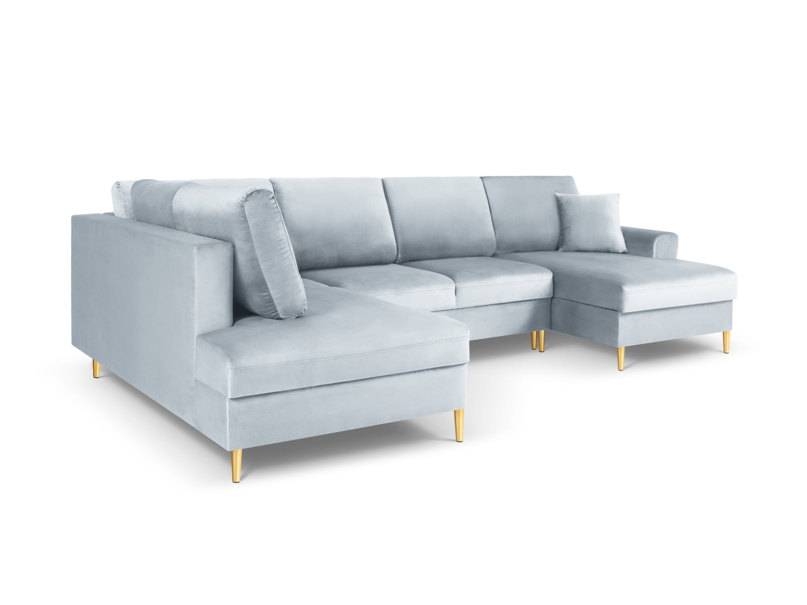 Elegantes Kyoto Velour Panoramic Ecksofa links in zartem Light Blue-Riviera, 7 Sitzer mit praktischem Stauraum und komfortabler Schlaffunktion.