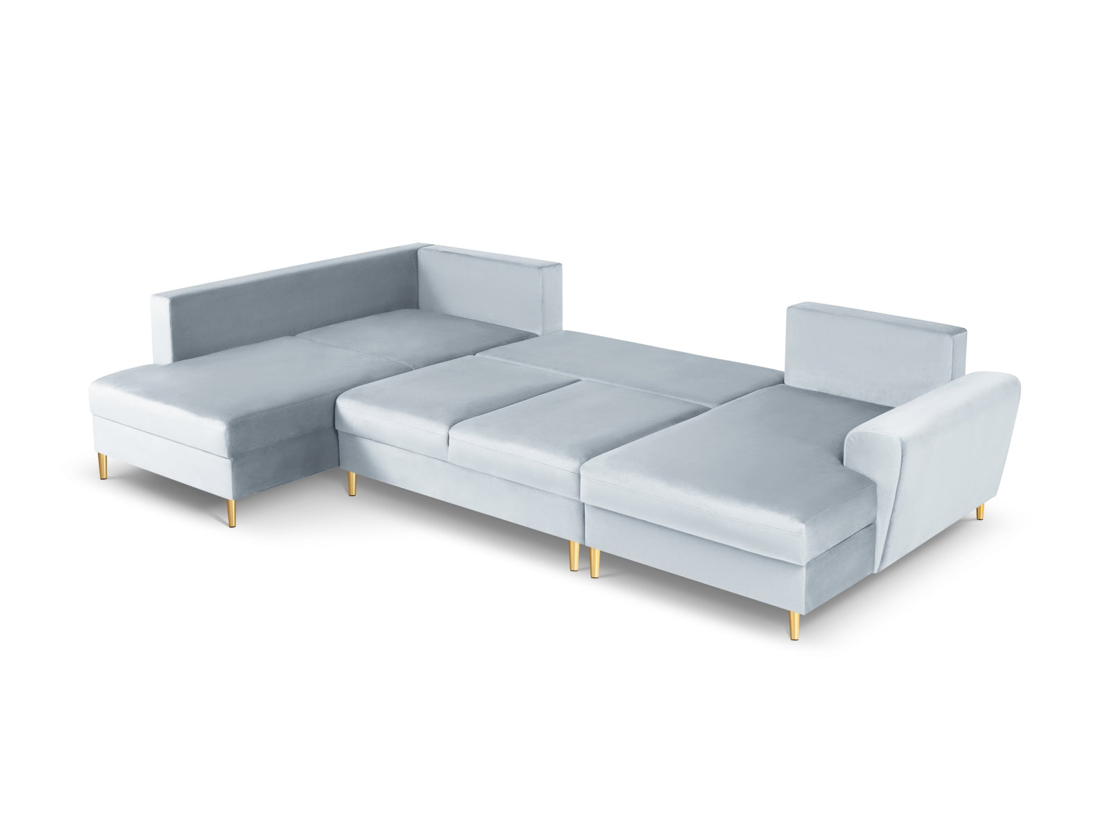Elegantes Kyoto Velour Panoramic Ecksofa links in zartem Light Blue-Riviera, 7 Sitzer mit praktischem Stauraum und komfortabler Schlaffunktion.