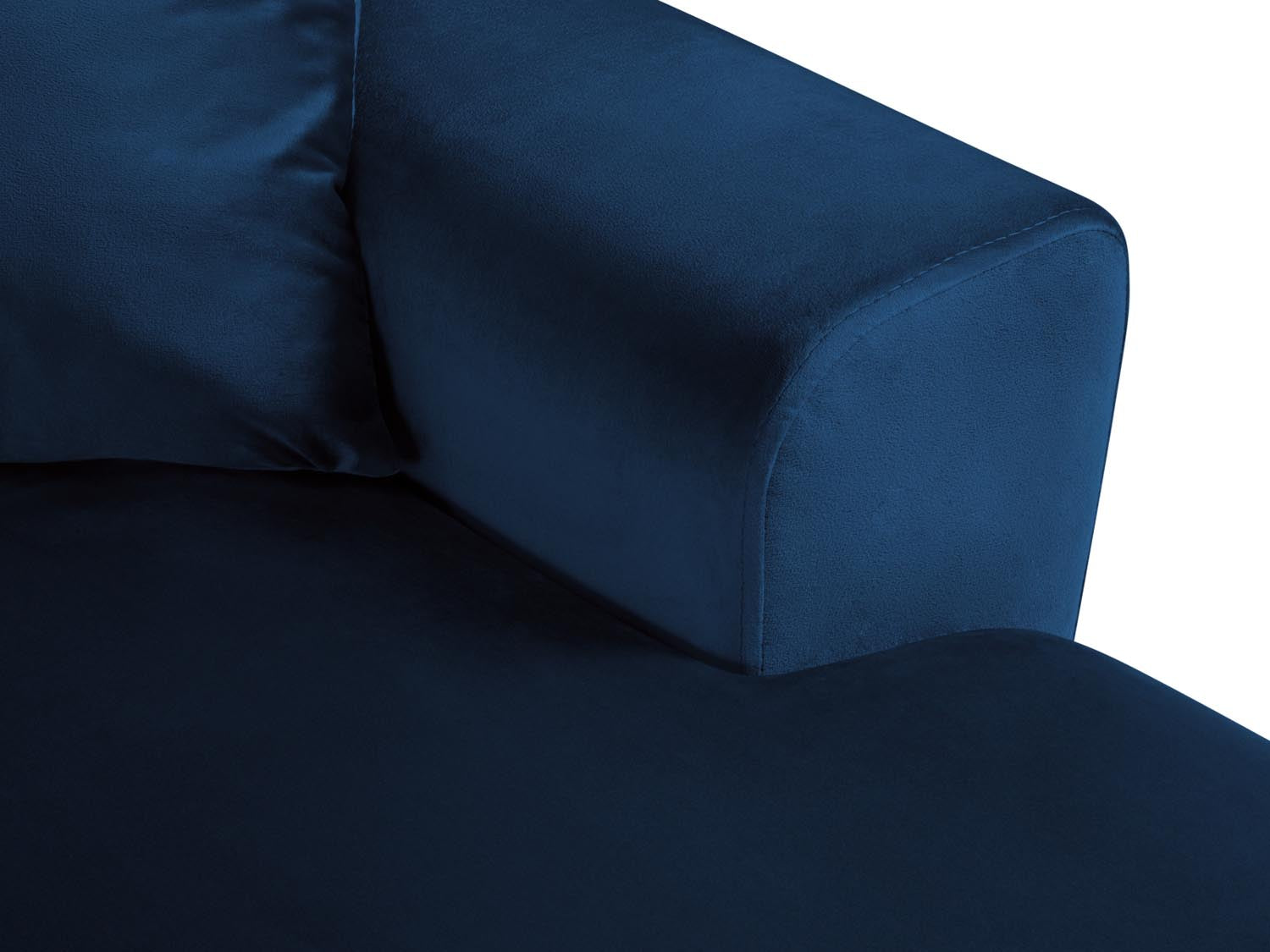 Elegantes Kyoto Velour Panoramic Ecksofa links in Royal Blue, 7 Sitzer, ideal für entspannte Abende mit zusätzlichem Stauraum und Schlaffunktion.