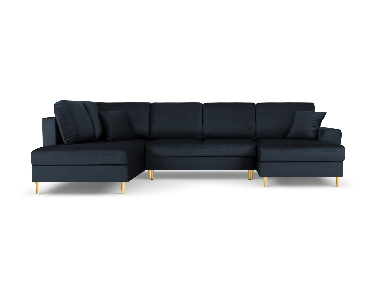 Elegantes Kyoto Velour Panoramic Ecksofa links in Dunkelblau, 7-Sitzer mit Stauraum und Schlaffunktion, ideal für stilvolle Wohnräume.