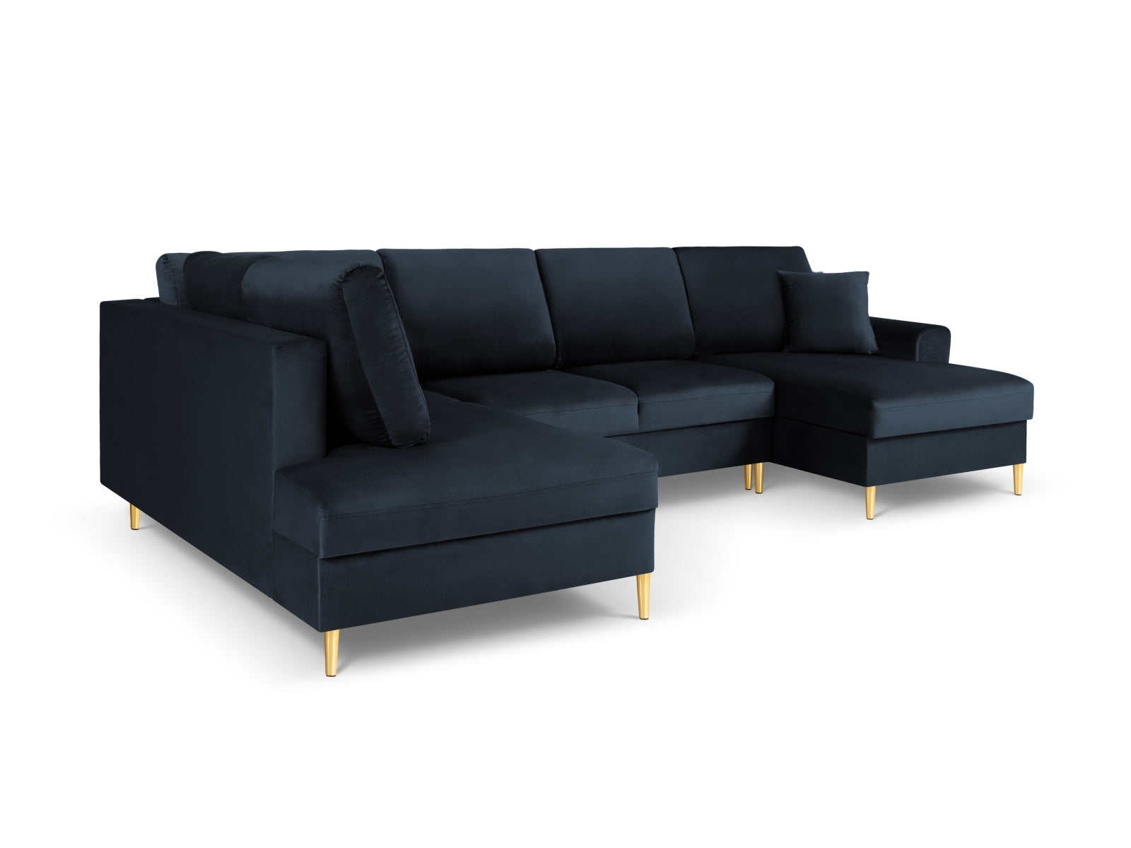 Modernes Kyoto Velour Panoramic Ecksofa links in tiefem Blau, 7-Sitzer mit praktischem Stauraum und komfortabler Schlaffunktion für Gäste.