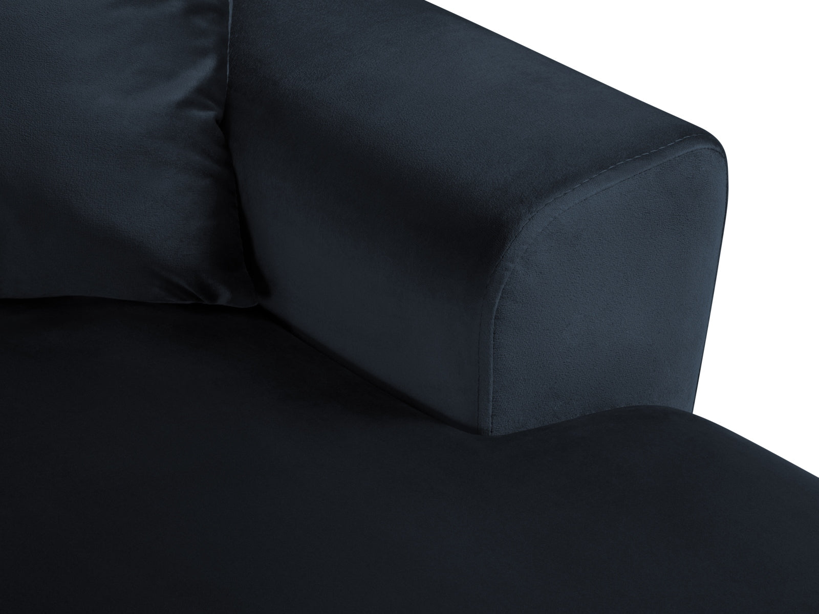 Elegantes Kyoto Velour Panoramic Ecksofa links in stilvollem Blau, 7-Sitzer mit cleverem Stauraum und gemütlicher Schlaffunktion für Übernachtungsgäste.