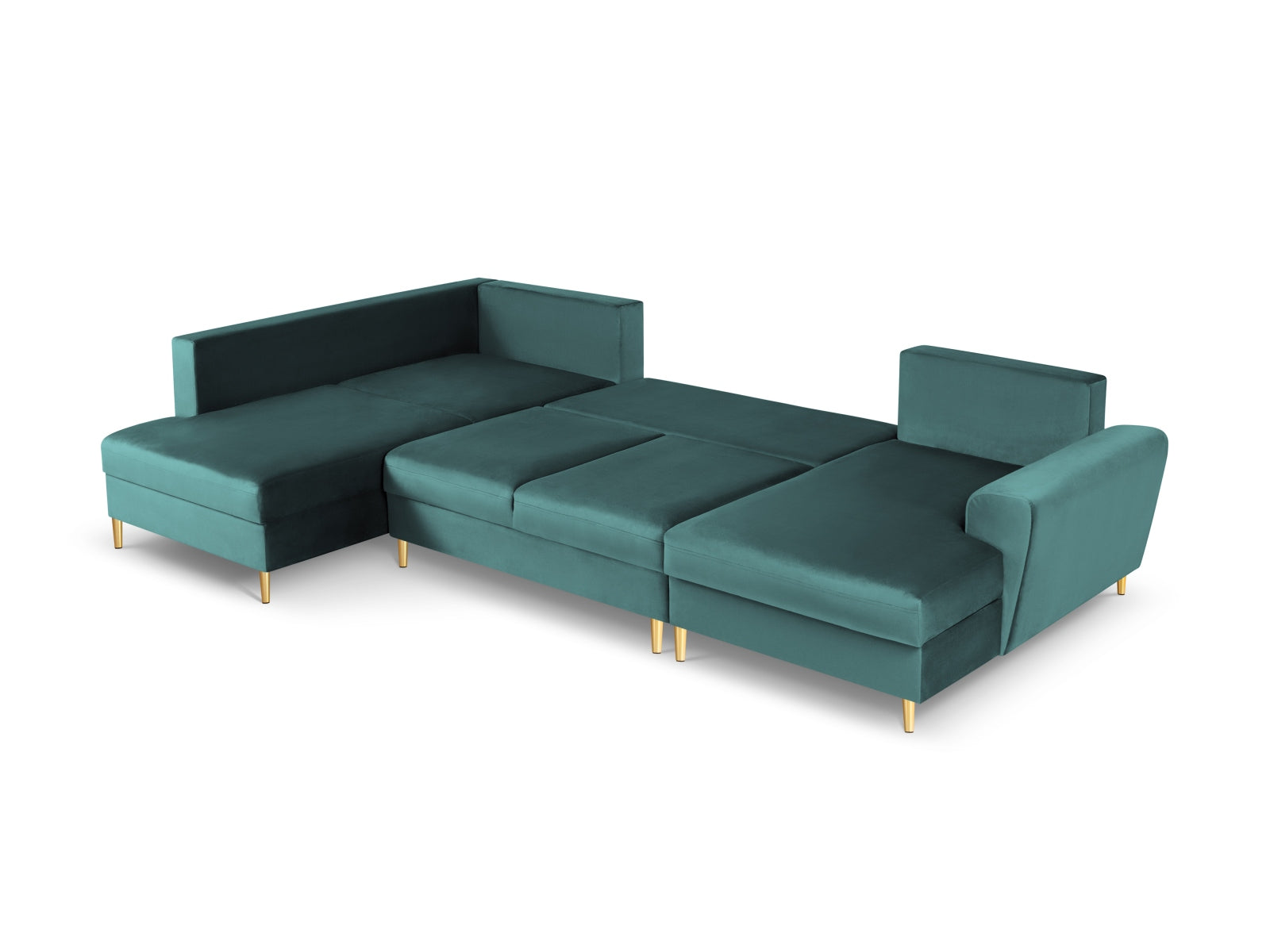 Elegantes Kyoto Velour Panoramic Ecksofa links in Petrol-Riviera, 7 Sitzer mit praktischem Stauraum und komfortabler Schlaffunktion.