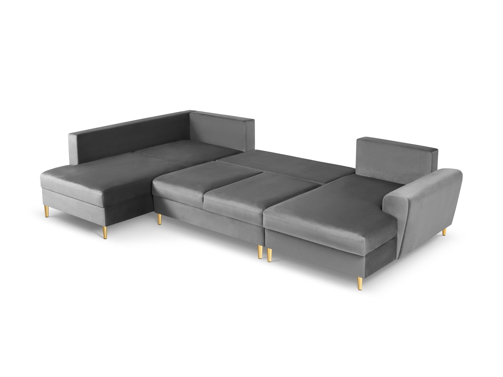 Elegantes Kyoto Velour Panoramic Ecksofa links in sanftem Grau, 7-Sitzer mit praktischem Stauraum und komfortabler Schlaffunktion.