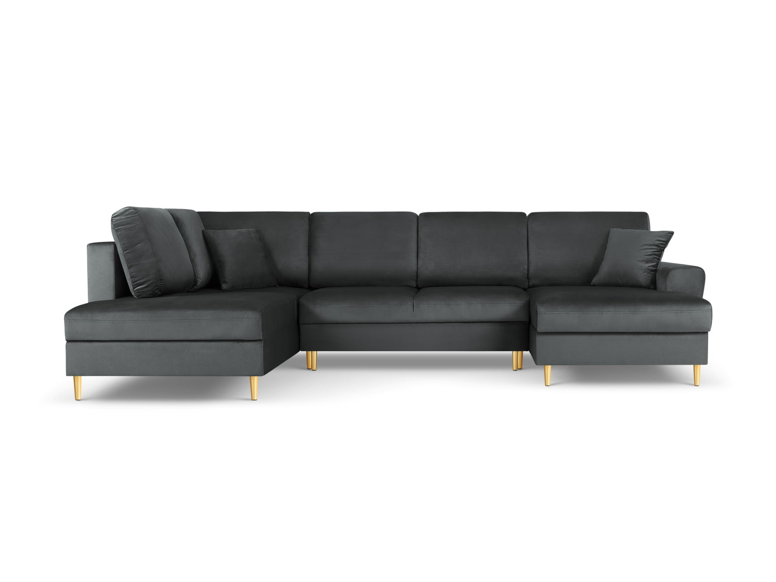 Stylisches Kyoto Velour Panoramic Ecksofa links in Dunkelgrau, 7-Sitzer mit Stauraum und Schlaffunktion, ideal für moderne Wohnräume.