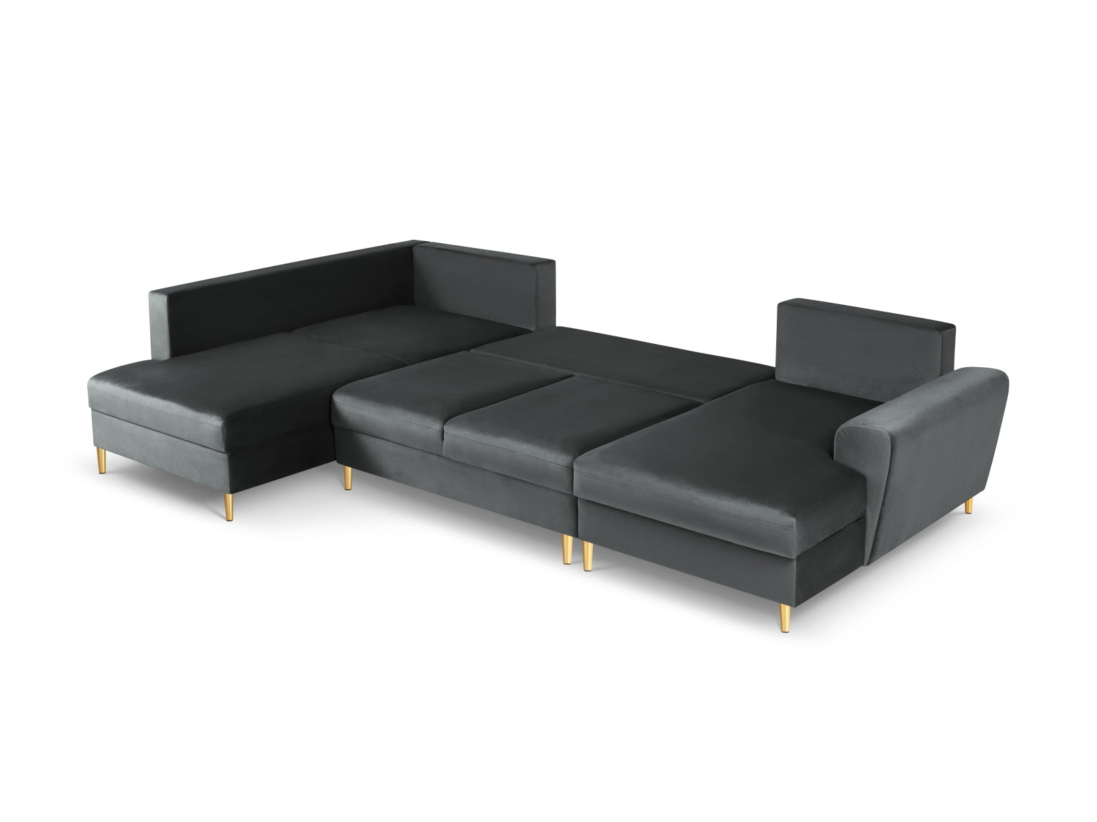 Elegantes Kyoto Velour Panoramic Ecksofa links in Dunkelgrau, 7-Sitzer mit praktischem Stauraum und komfortabler Schlaffunktion für vielseitige Nutzung.