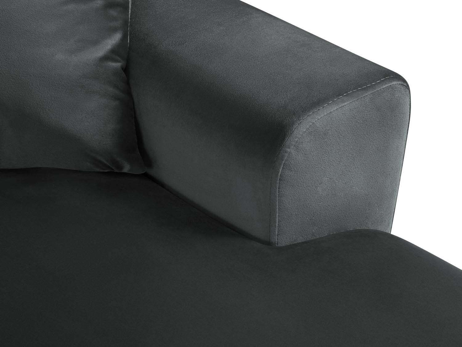 Stylisches Kyoto Velour Panoramic Ecksofa links in Dunkelgrau, 7-Sitzer mit cleverem Stauraum und bequemer Schlaffunktion für Gäste.