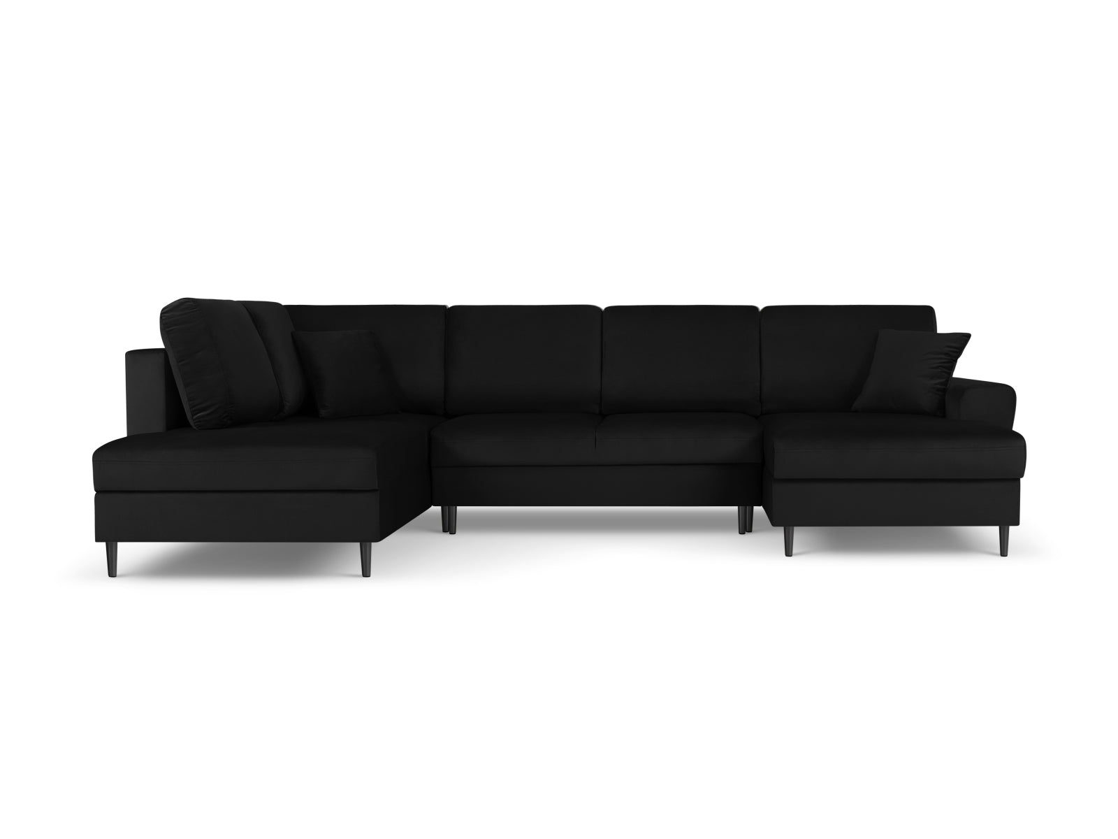 Stylisches Kyoto Velour Panoramic Ecksofa links in edlem Schwarz, 7-Sitzer mit cleverem Stauraum und gemütlicher Schlaffunktion für vielseitige Nutzung.