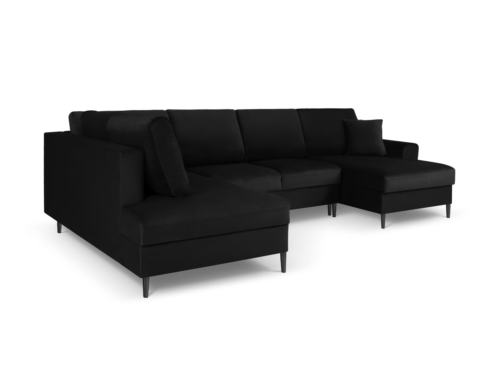 Elegantes Kyoto Velour Panoramic Ecksofa links in Schwarz, 7-Sitzer mit praktischem Stauraum und komfortabler Schlaffunktion für jeden Raum.