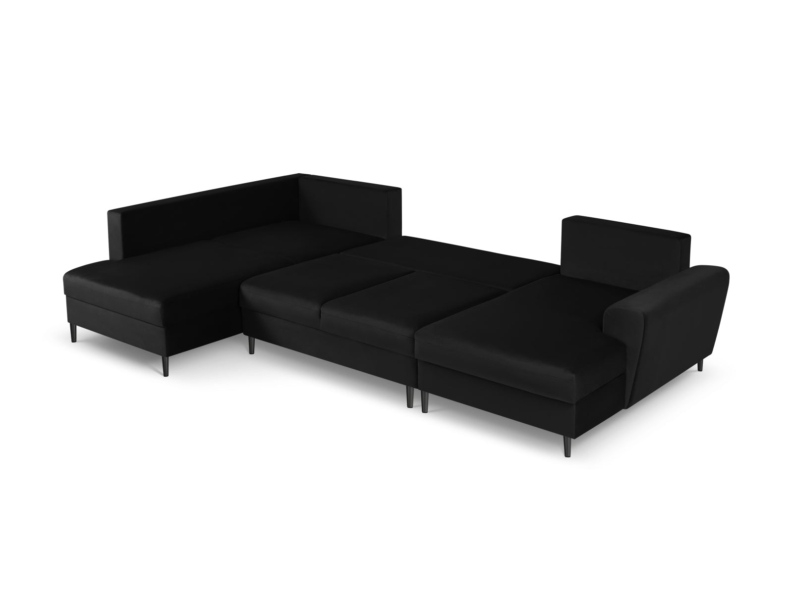 Elegantes Kyoto Velour Panoramic Ecksofa links in Schwarz, 7-Sitzer mit praktischem Stauraum und komfortabler Schlaffunktion für jeden Raum.