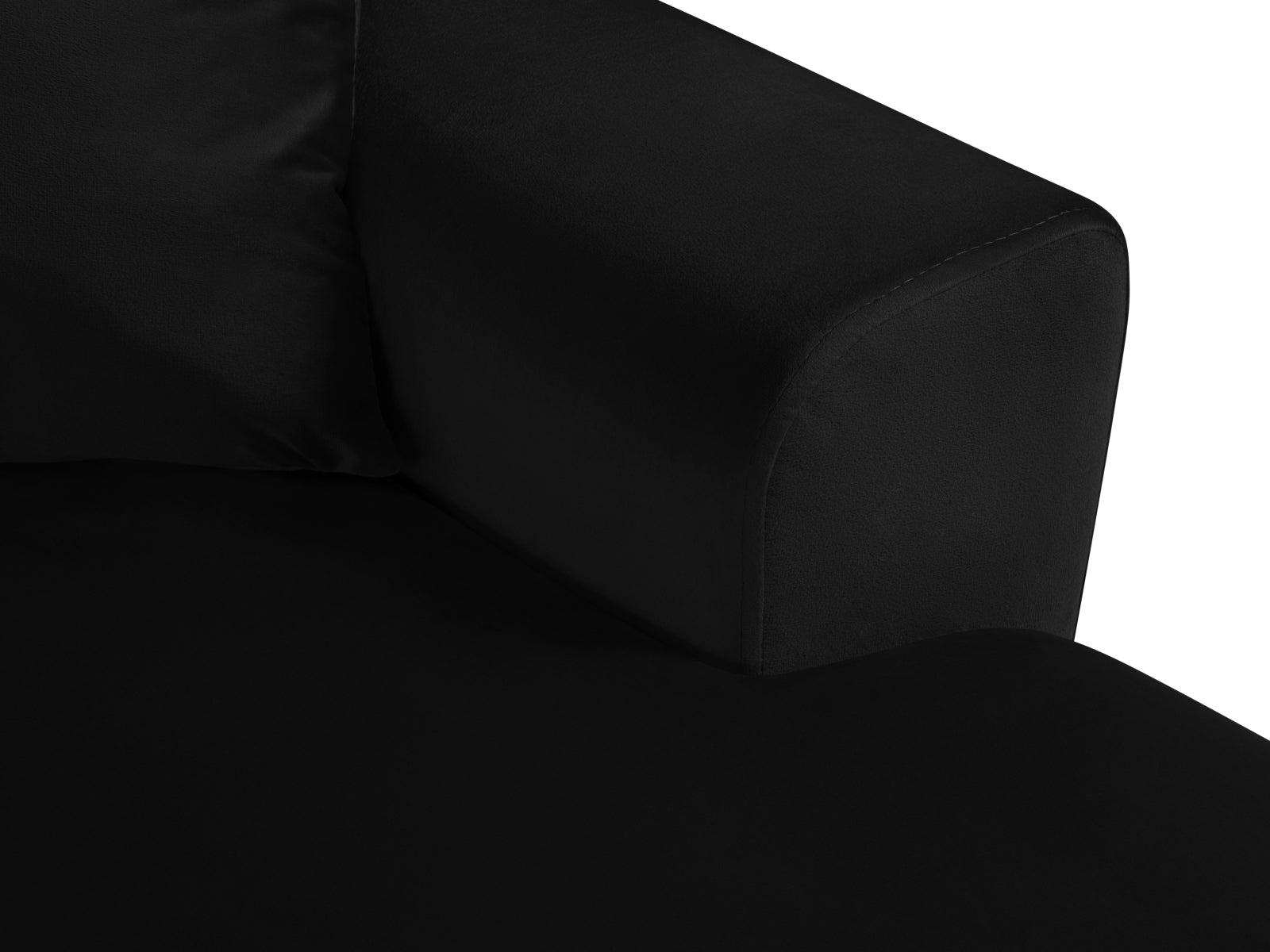 Stylisches Kyoto Velour Panoramic Ecksofa links in edlem Schwarz, 7-Sitzer mit cleverem Stauraum und gemütlicher Schlaffunktion für vielseitige Nutzung.