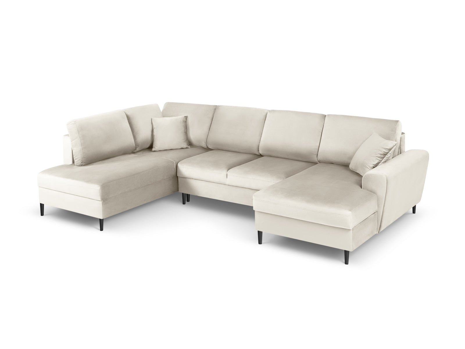 Elegantes Kyoto Velour Panoramic Ecksofa links in hellem Beige, 7 Sitzer mit praktischem Stauraum und gemütlicher Schlaffunktion für vielseitige Nutzung.