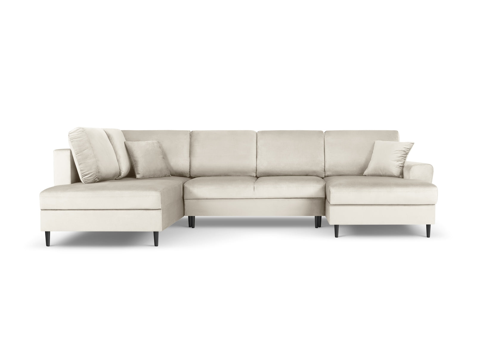 Stylisches Kyoto Velour Panoramic Ecksofa links in sanftem Beige, 7 Sitzer mit cleverem Stauraum und komfortabler Schlaffunktion für entspannte Abende.