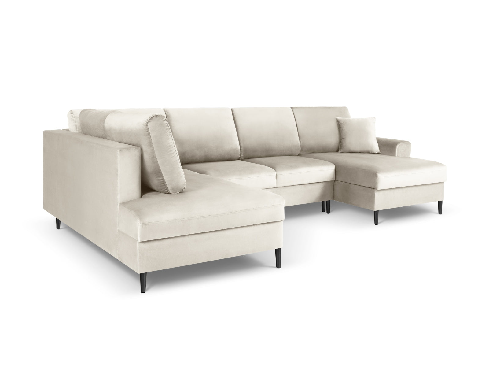 Elegantes Kyoto Velour Panoramic Ecksofa links in hellem Beige, 7 Sitzer mit praktischem Stauraum und gemütlicher Schlaffunktion für vielseitige Nutzung.