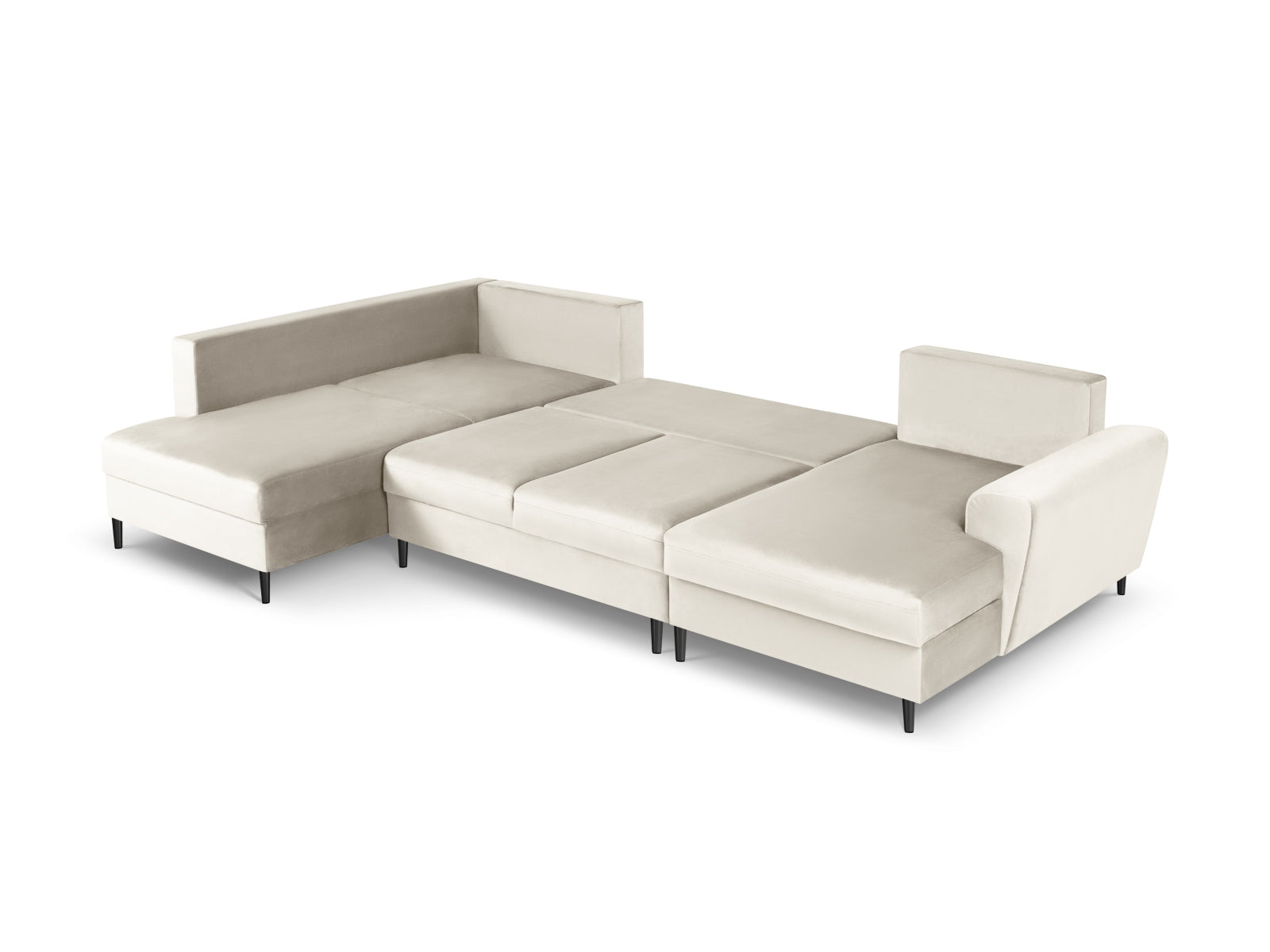Elegantes Kyoto Velour Panoramic Ecksofa links in hellem Beige, 7 Sitzer mit praktischem Stauraum und gemütlicher Schlaffunktion für vielseitige Nutzung.