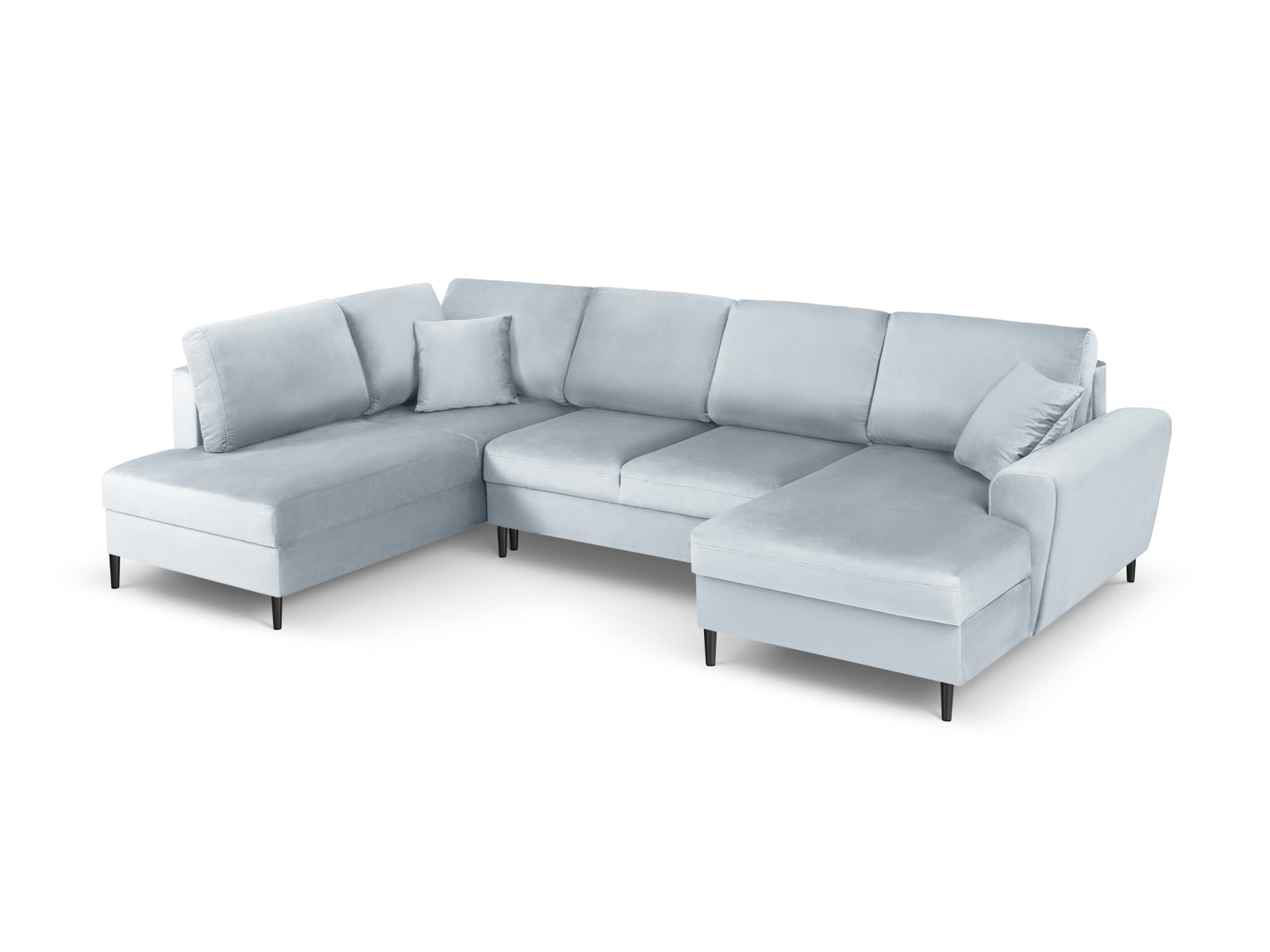Elegantes Kyoto Velour Panoramic Ecksofa links in zartem Light Blue-Riviera, 7 Sitzer mit praktischem Stauraum und komfortabler Schlaffunktion.