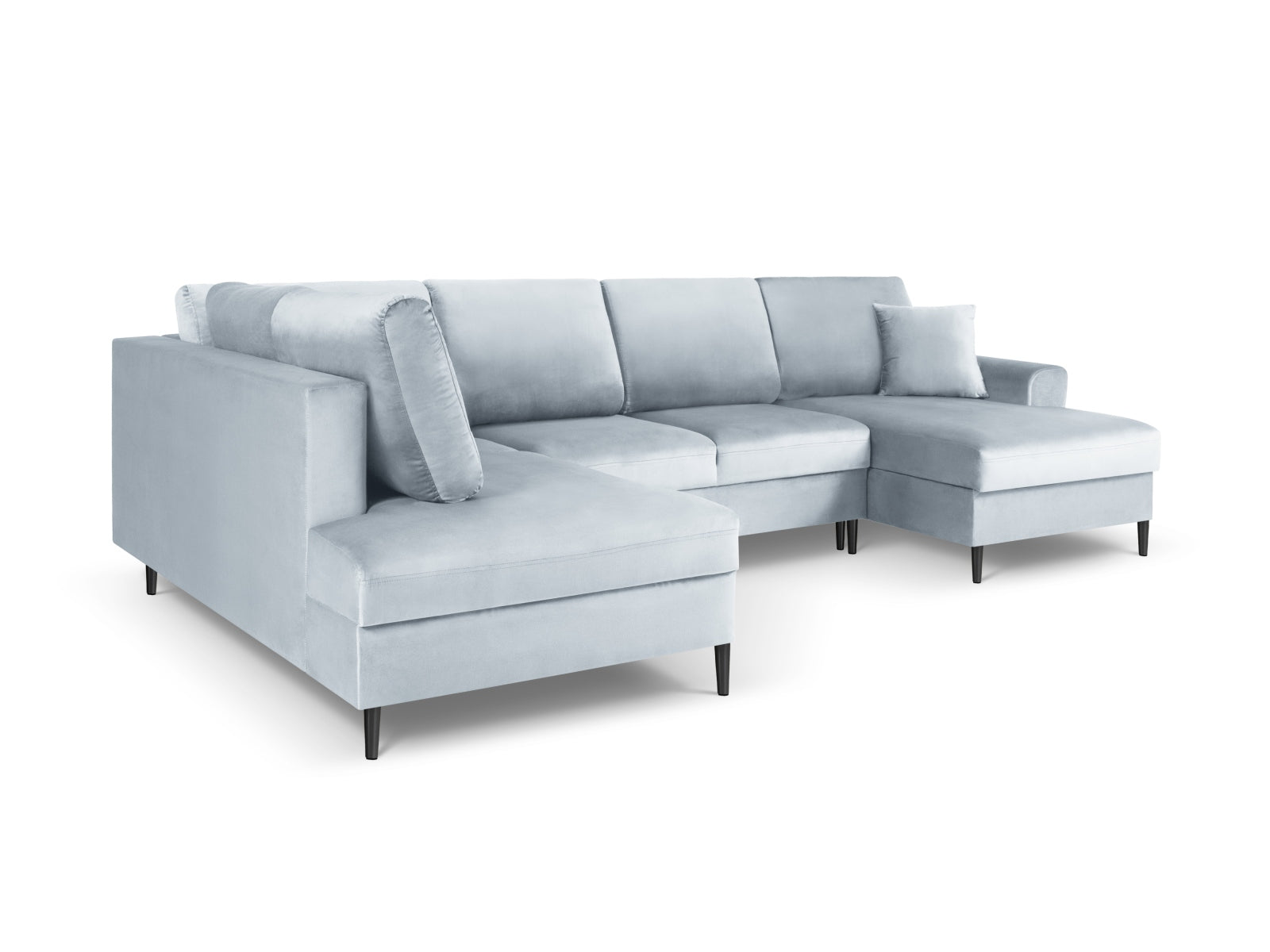 Elegantes Kyoto Velour Panoramic Ecksofa links in zartem Light Blue-Riviera, 7 Sitzer mit praktischem Stauraum und komfortabler Schlaffunktion.