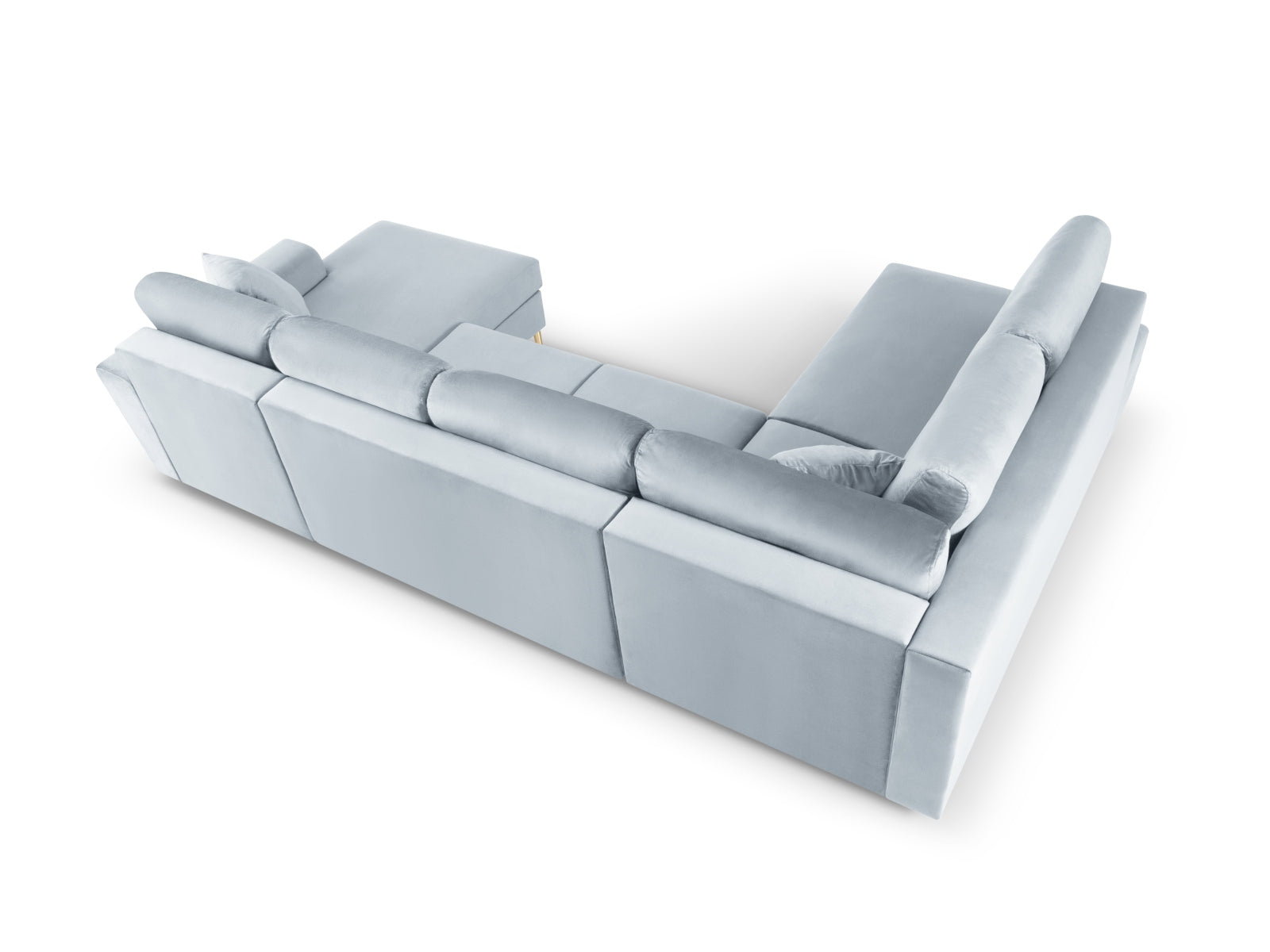 Stylisches Kyoto Velour Panoramic Ecksofa links in sanftem Light Blue-Riviera, 7 Sitzer mit cleverem Stauraum und gemütlicher Schlaffunktion.