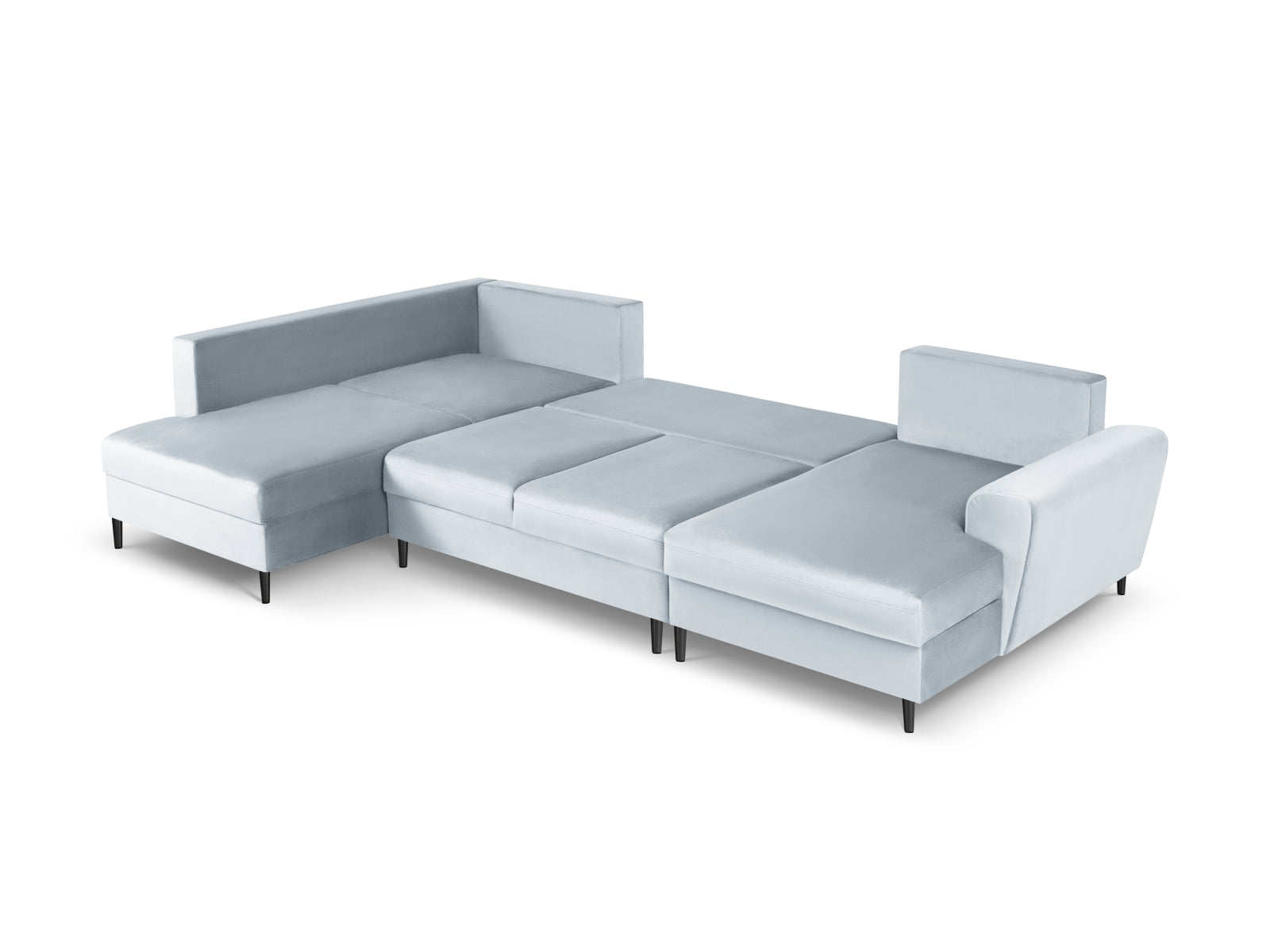 Elegantes Kyoto Velour Panoramic Ecksofa links in zartem Light Blue-Riviera, 7 Sitzer mit praktischem Stauraum und komfortabler Schlaffunktion.