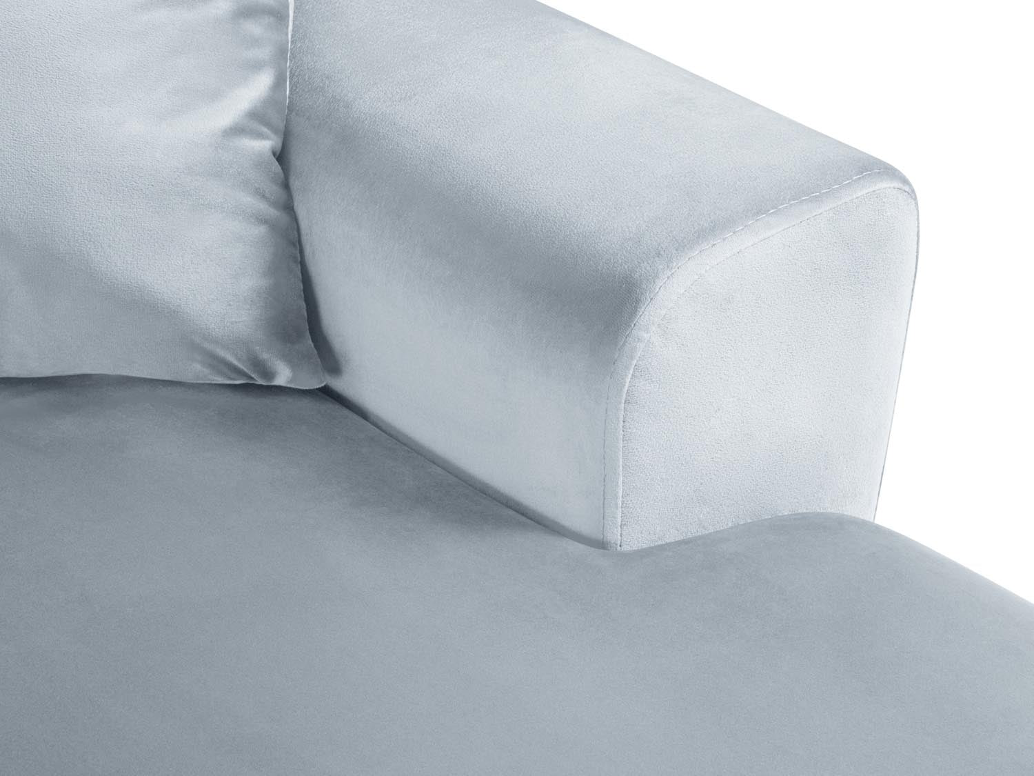 Stylisches Kyoto Velour Panoramic Ecksofa links in sanftem Light Blue-Riviera, 7 Sitzer mit cleverem Stauraum und gemütlicher Schlaffunktion.