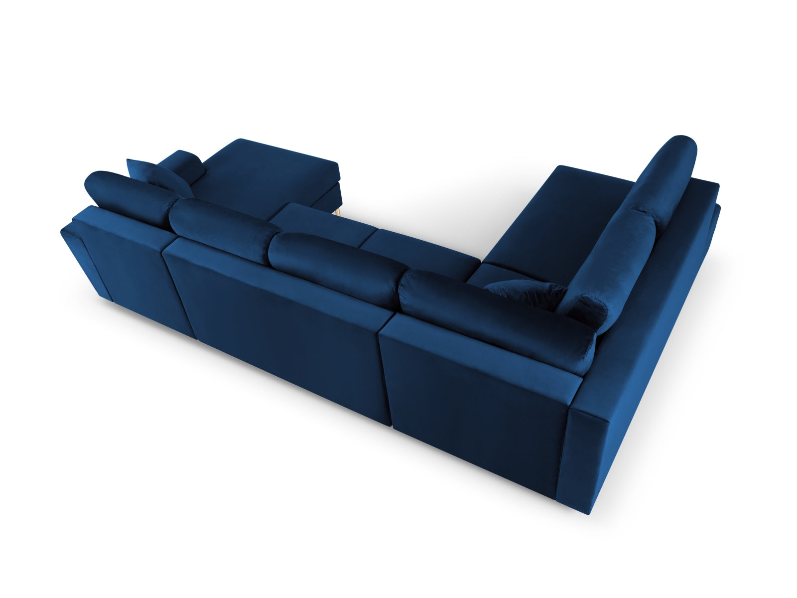 Elegantes Kyoto Velour Panoramic Ecksofa links in Royal Blue, 7 Sitzer, mit cleverem Stauraum und komfortabler Schlaffunktion für entspannte Nächte.
