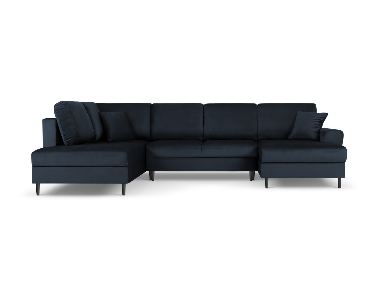Elegantes Kyoto Velour Panoramic Ecksofa links in stilvollem Blau, 7-Sitzer mit cleverem Stauraum und gemütlicher Schlaffunktion für Übernachtungsgäste.
