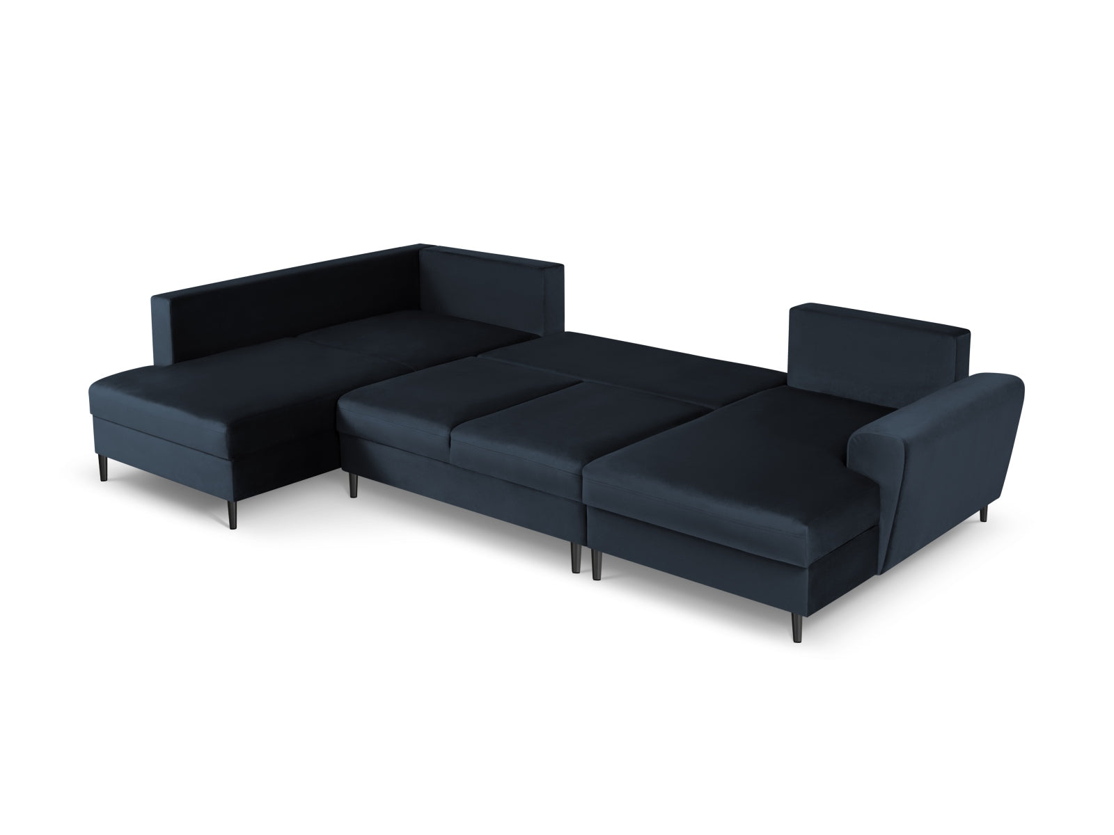 Modernes Kyoto Velour Panoramic Ecksofa links in edlem Blau, 7-Sitzer mit praktischem Stauraum und komfortabler Schlaffunktion für Gäste.