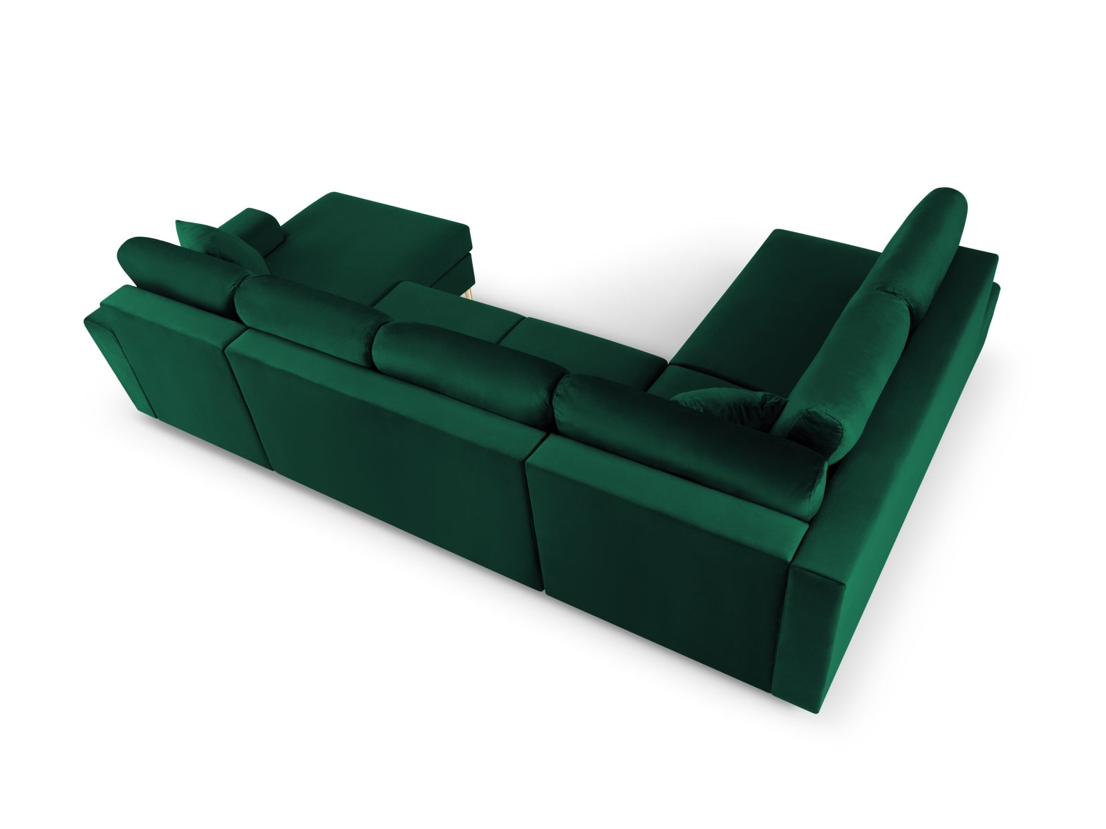 Stylisches Kyoto Velour Panoramic Ecksofa links in sattem Grün, 7 Sitzer mit cleverem Stauraum und gemütlicher Schlaffunktion für vielseitige Nutzung.